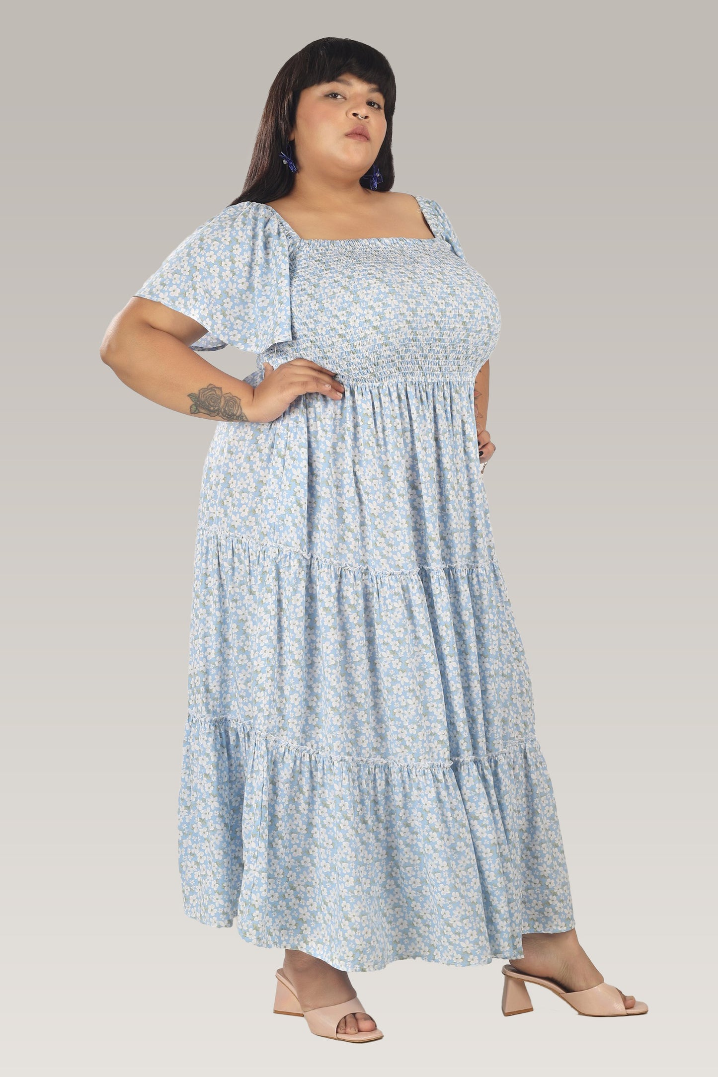 Floral Sky | Blue Tiered Smocking Dress With Pockets