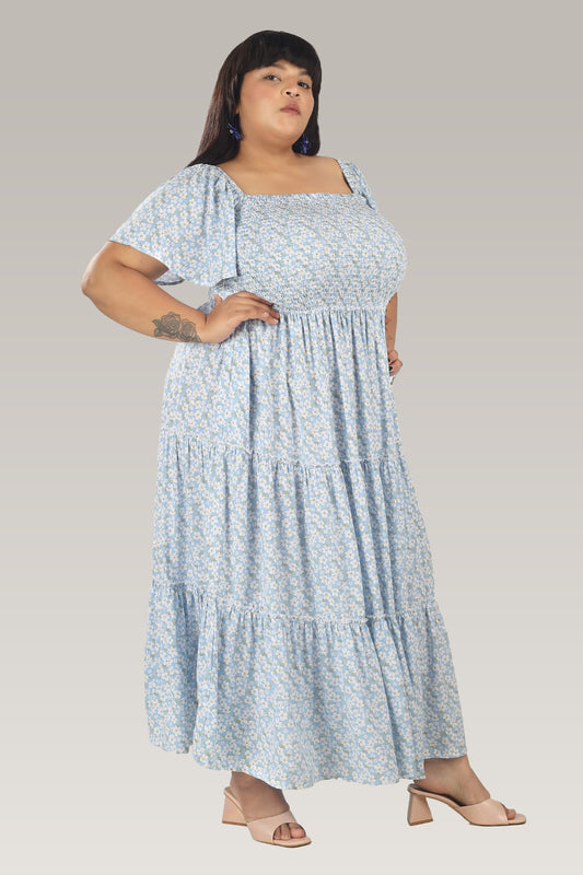 Floral Sky | Blue Tiered Smocking Dress With Pockets