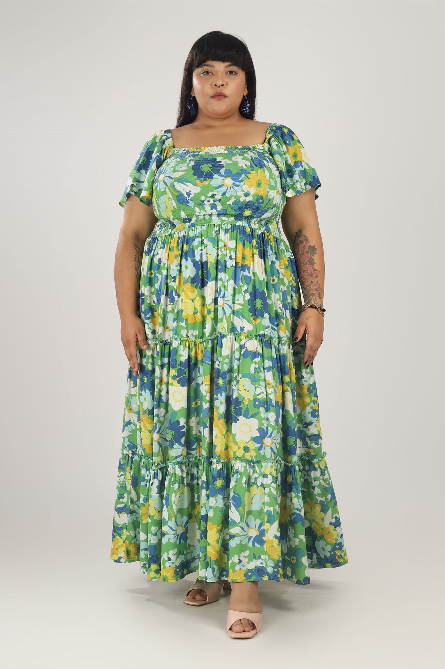 Daisy Delight | Green Tiered Smocking Dress With Pockets