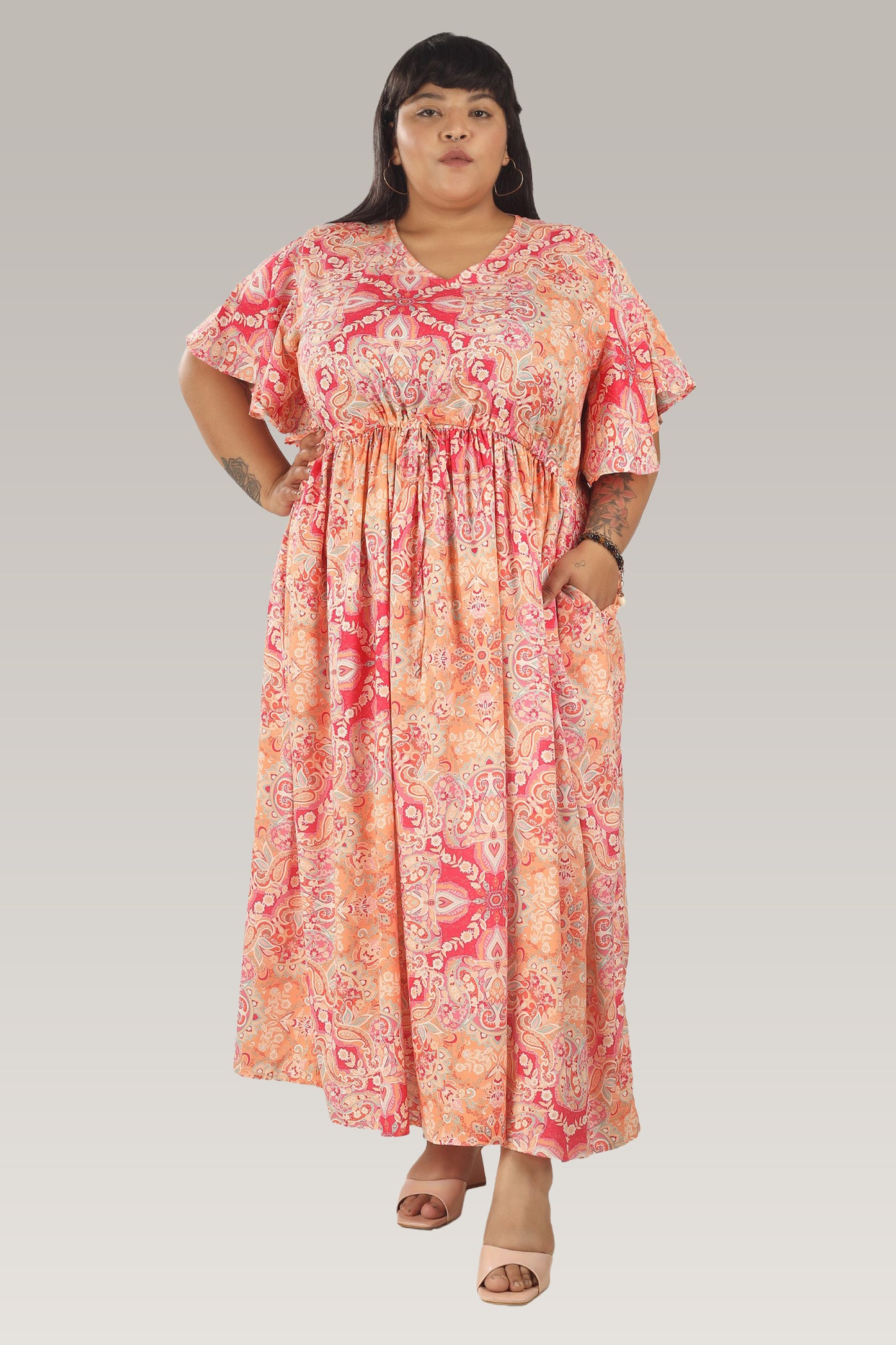 Paisley Dreams | Pink Frill Sleeve Dress With Pockets