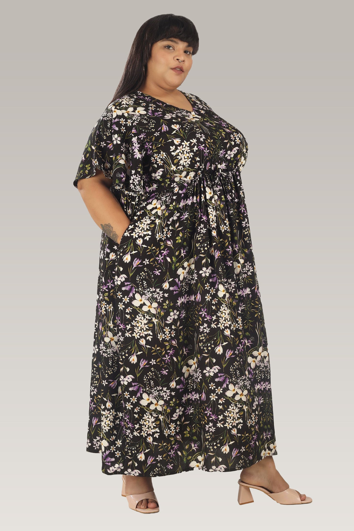 Olive Blossom | Black Frill Sleeve Dress With Pockets