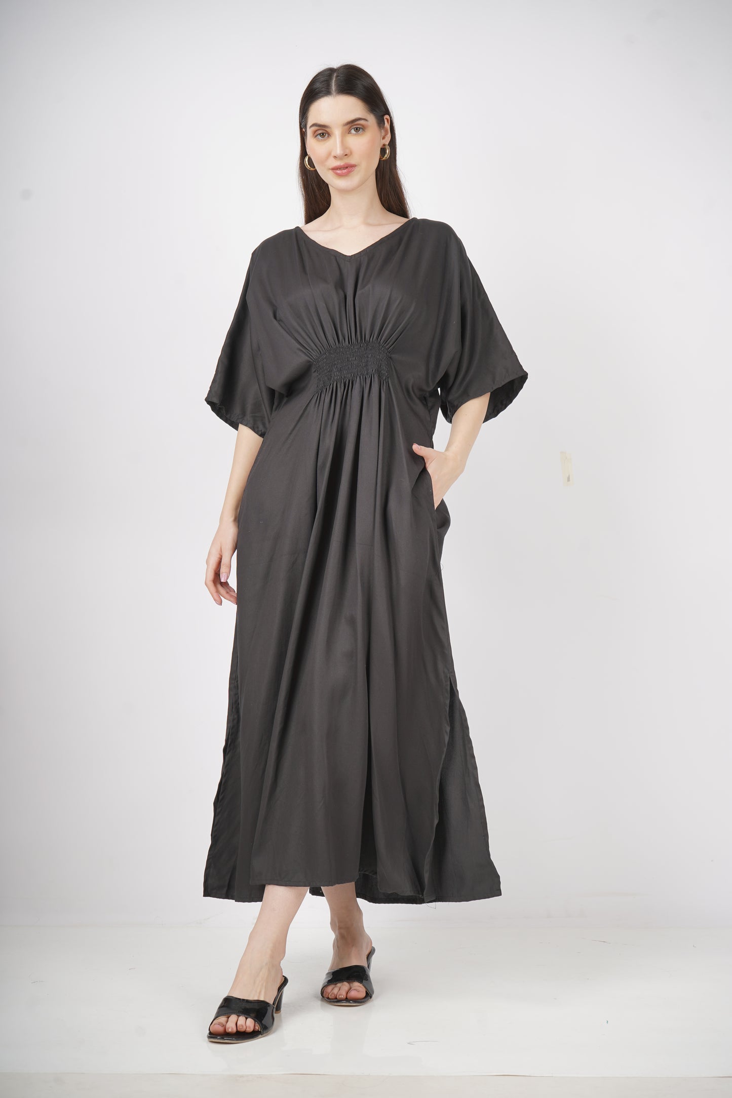 Ebony Elegance | Shirred Dress With Pockets - 3 Sizes Available AU 10-30