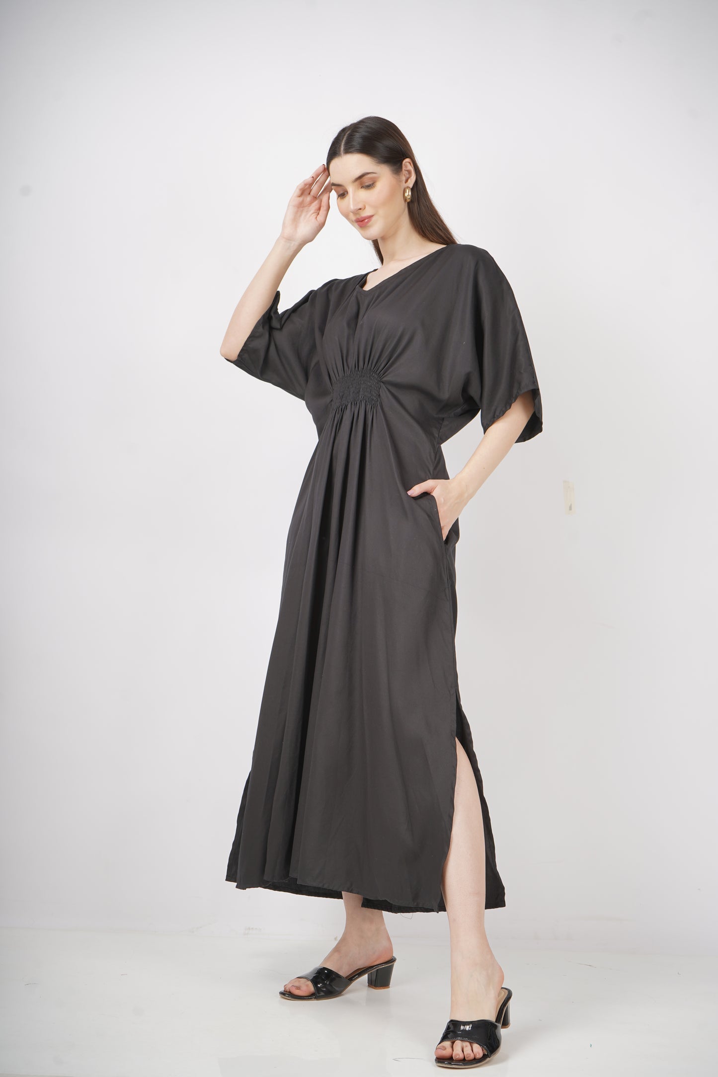 Ebony Elegance | Shirred Dress With Pockets - 3 Sizes Available AU 10-30
