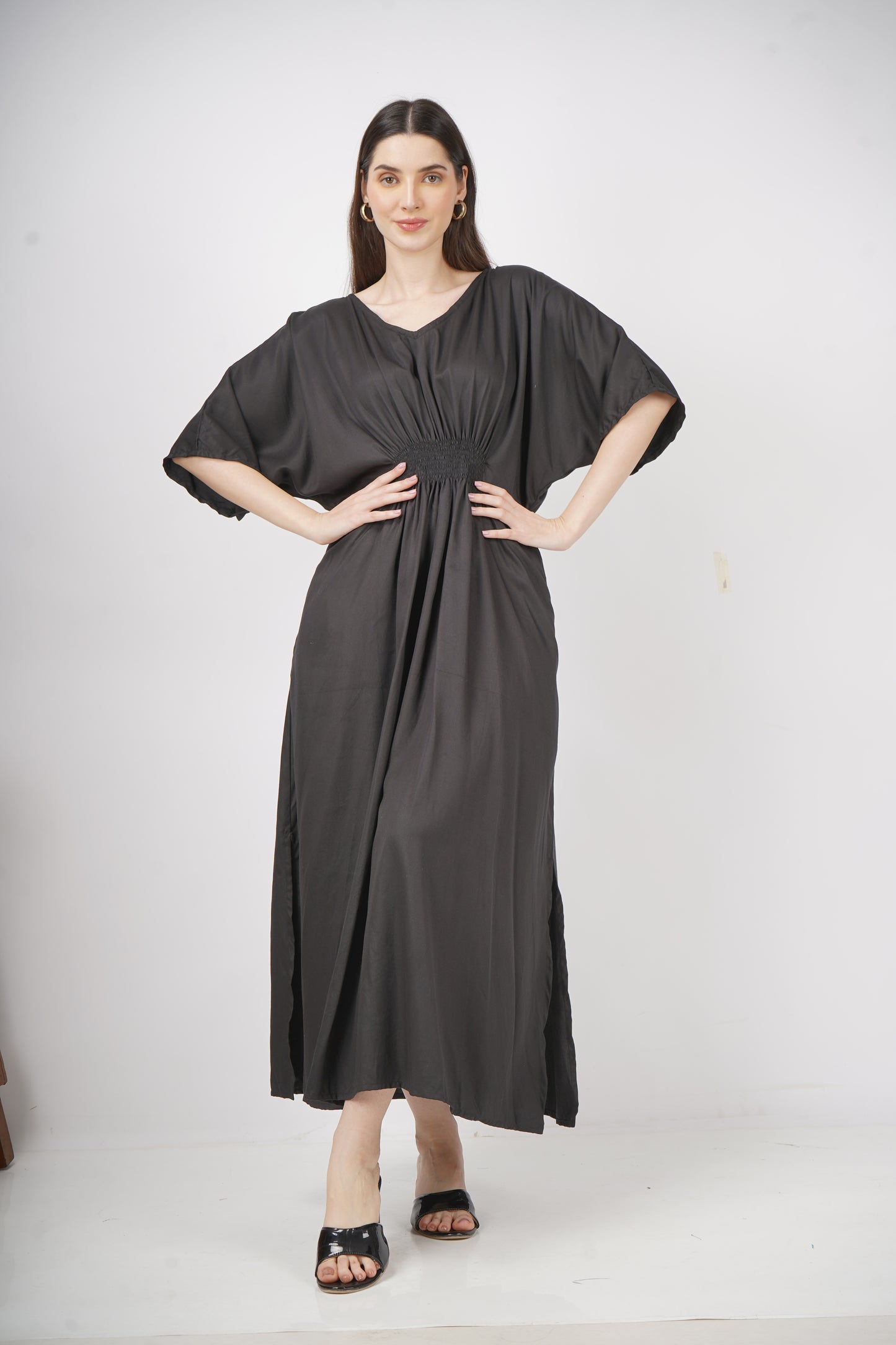 Ebony Elegance | Shirred Dress With Pockets - 3 Sizes Available AU 10-30