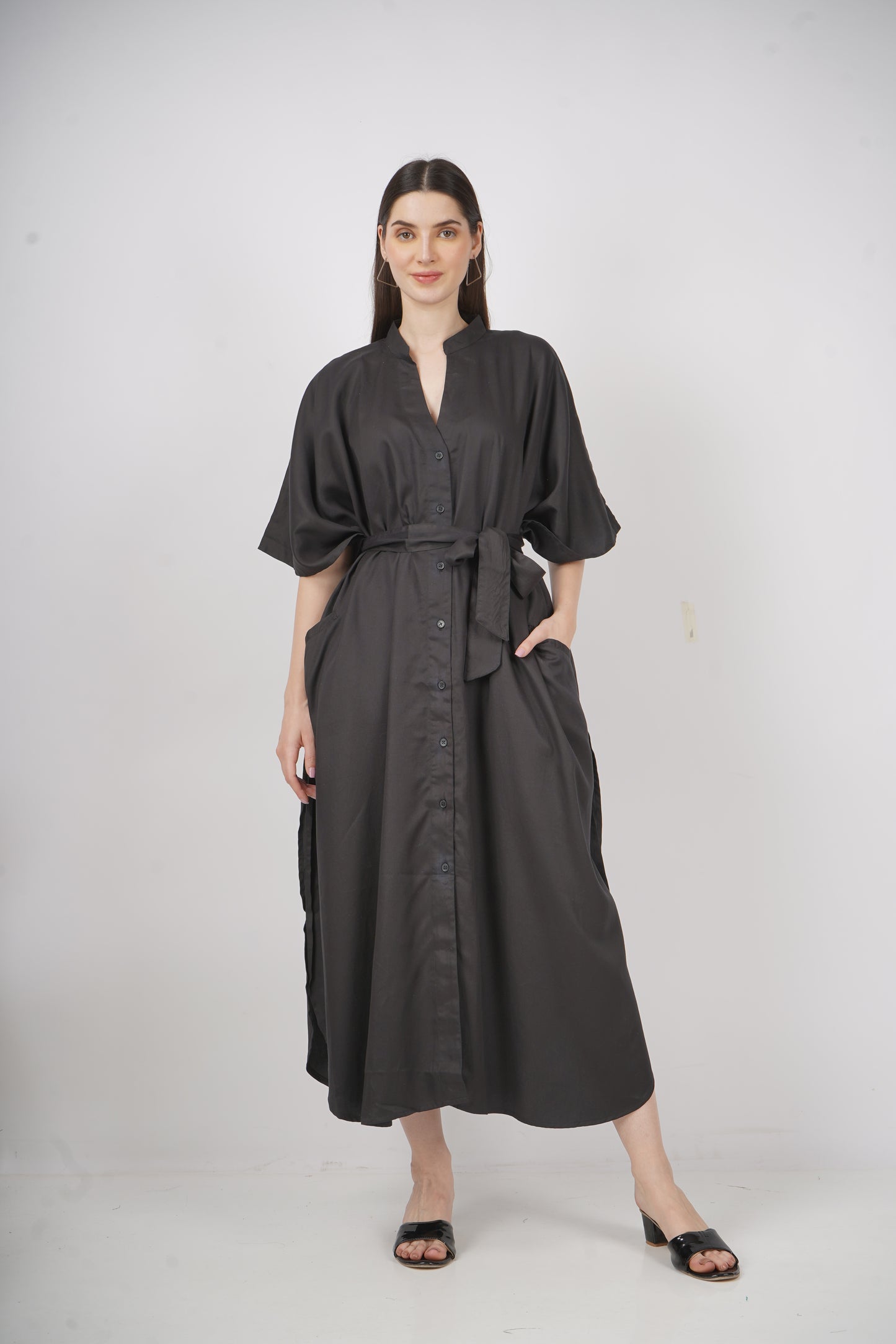 Ebony Elegance | Black Shirt Dress With Pockets | One Size Fits AU 10 - 24