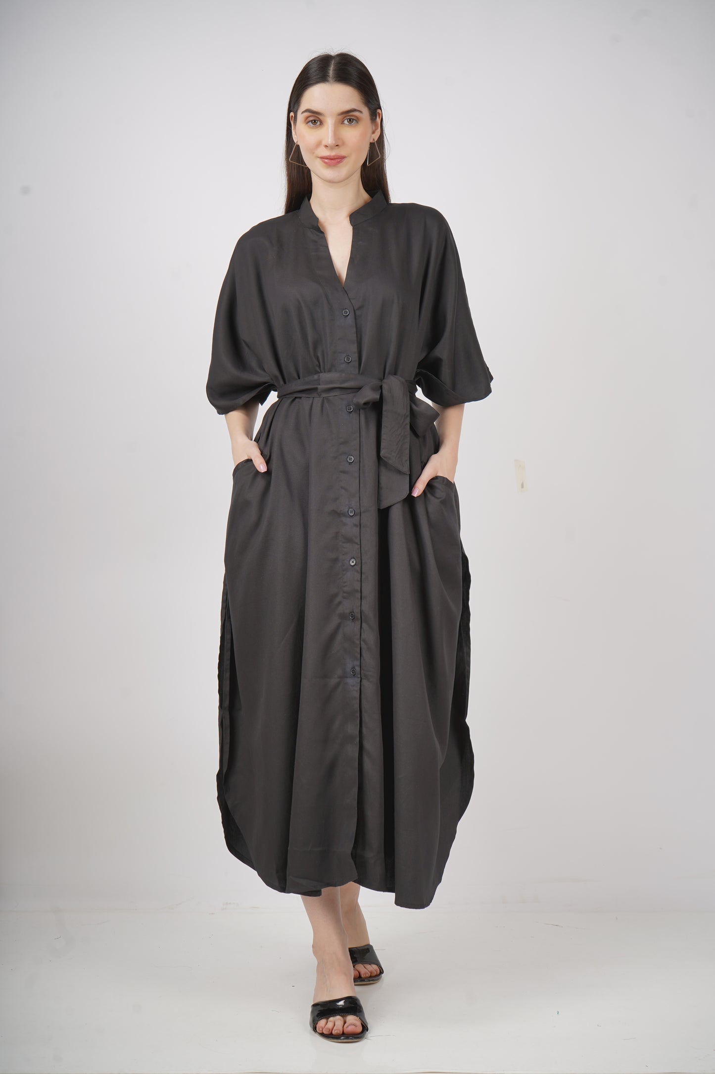 Ebony Elegance | Black Shirt Dress With Pockets | One Size Fits AU 10 - 24