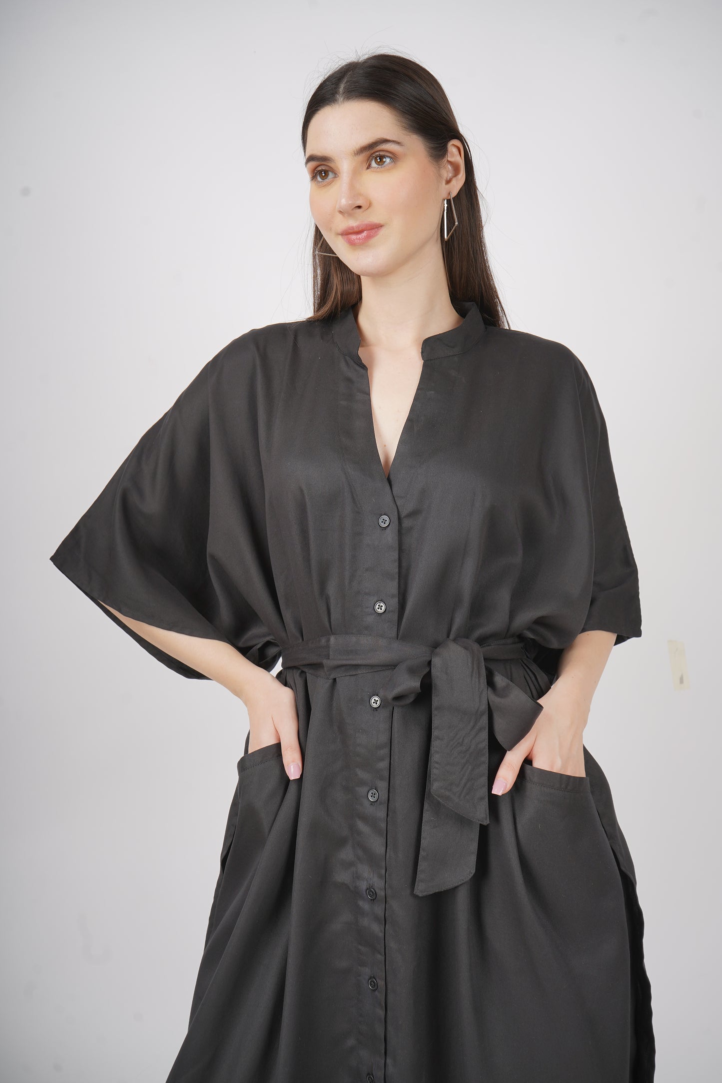 Ebony Elegance | Black Shirt Dress With Pockets | One Size Fits AU 10 - 24