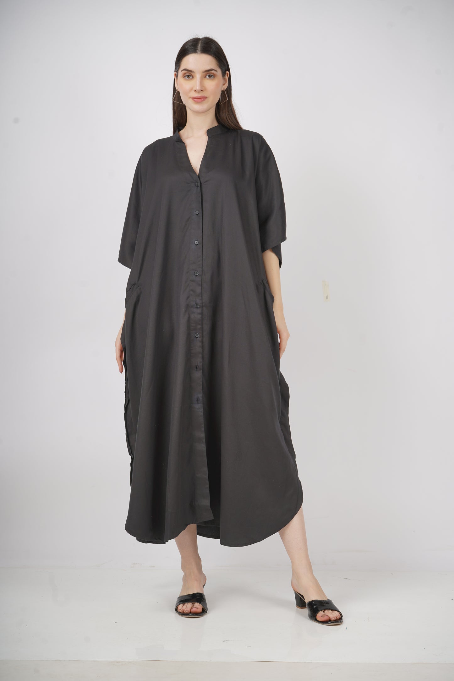 Ebony Elegance | Black Shirt Dress With Pockets | One Size Fits AU 10 - 24