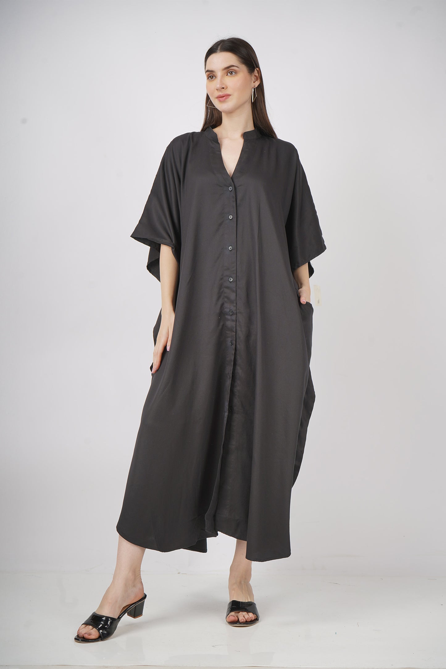 Ebony Elegance | Black Shirt Dress With Pockets | One Size Fits AU 10 - 24