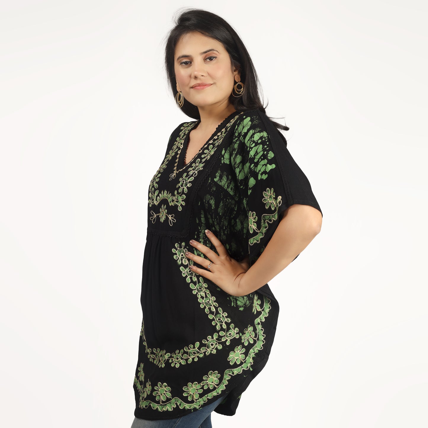 Green Batik Embroidered Poncho Top | Free Size