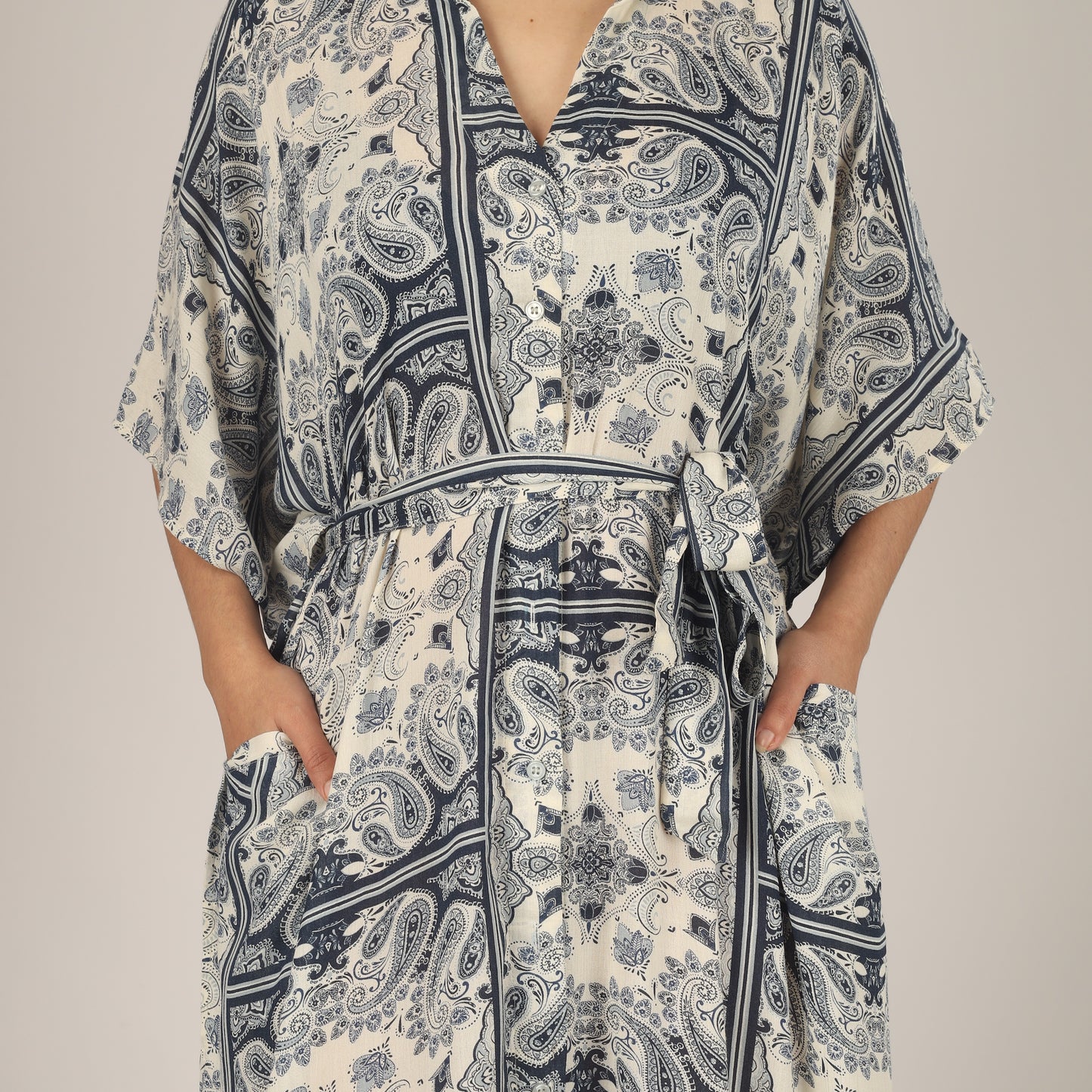 White Paisley Shirt Dress With Pockets | One Size Fits AU 10 - 24