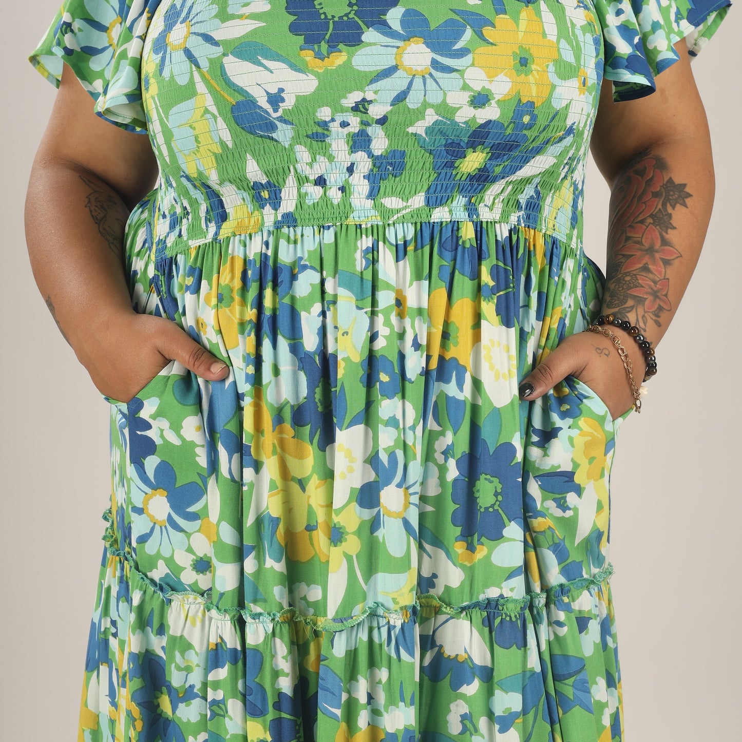 Daisy Delight | Green Tiered Smocking Dress With Pockets