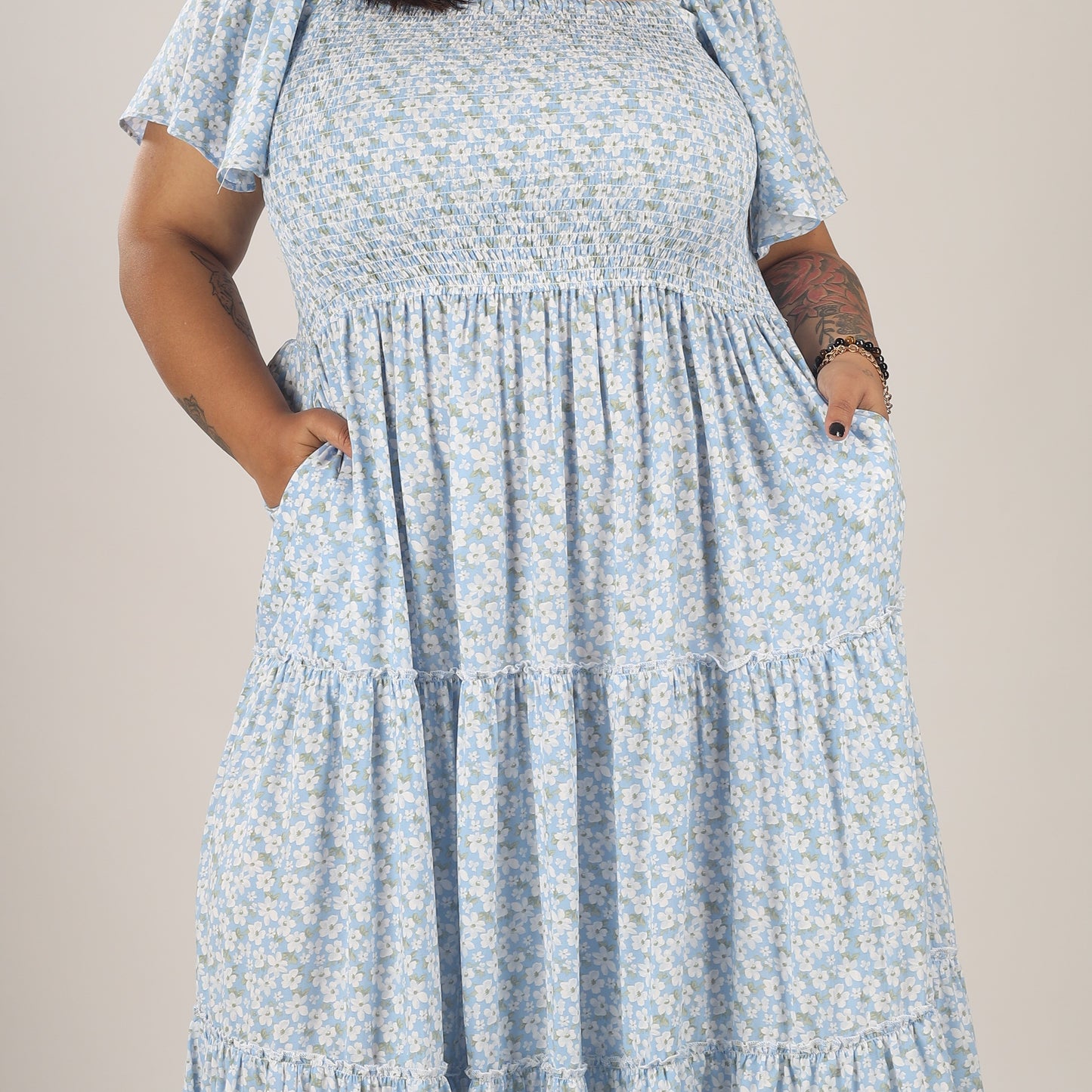 Floral Sky | Blue Tiered Smocking Dress With Pockets