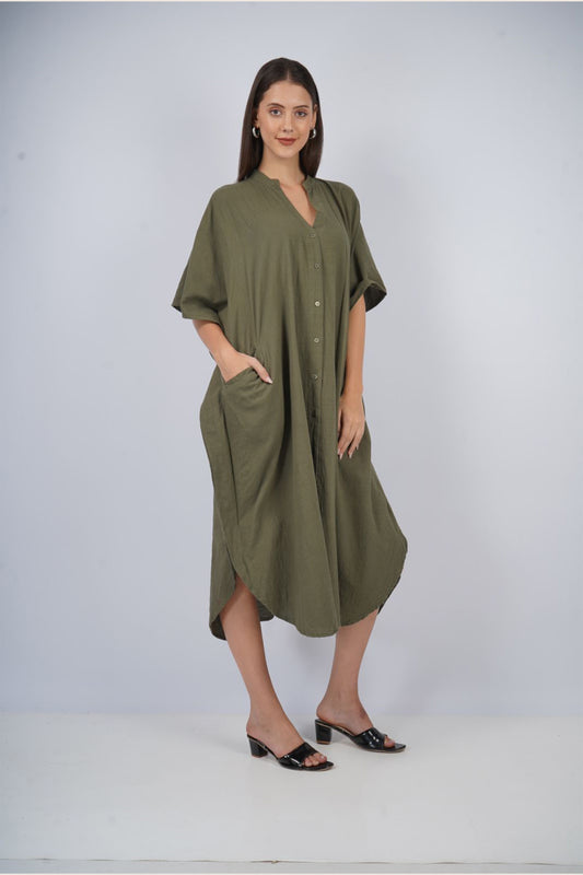 Olive Oasis | Olive Shirt Dress With Pockets | One Size Fits AU 10 - 24