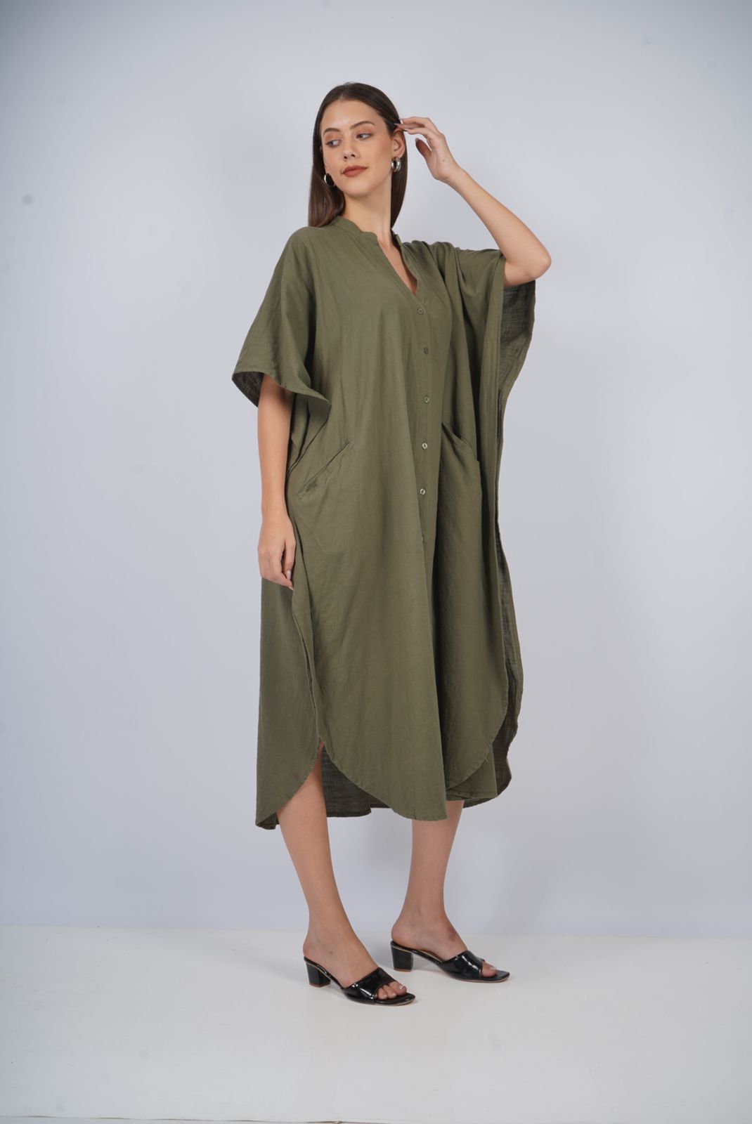 Olive Oasis | Olive Shirt Dress With Pockets | One Size Fits AU 10 - 24