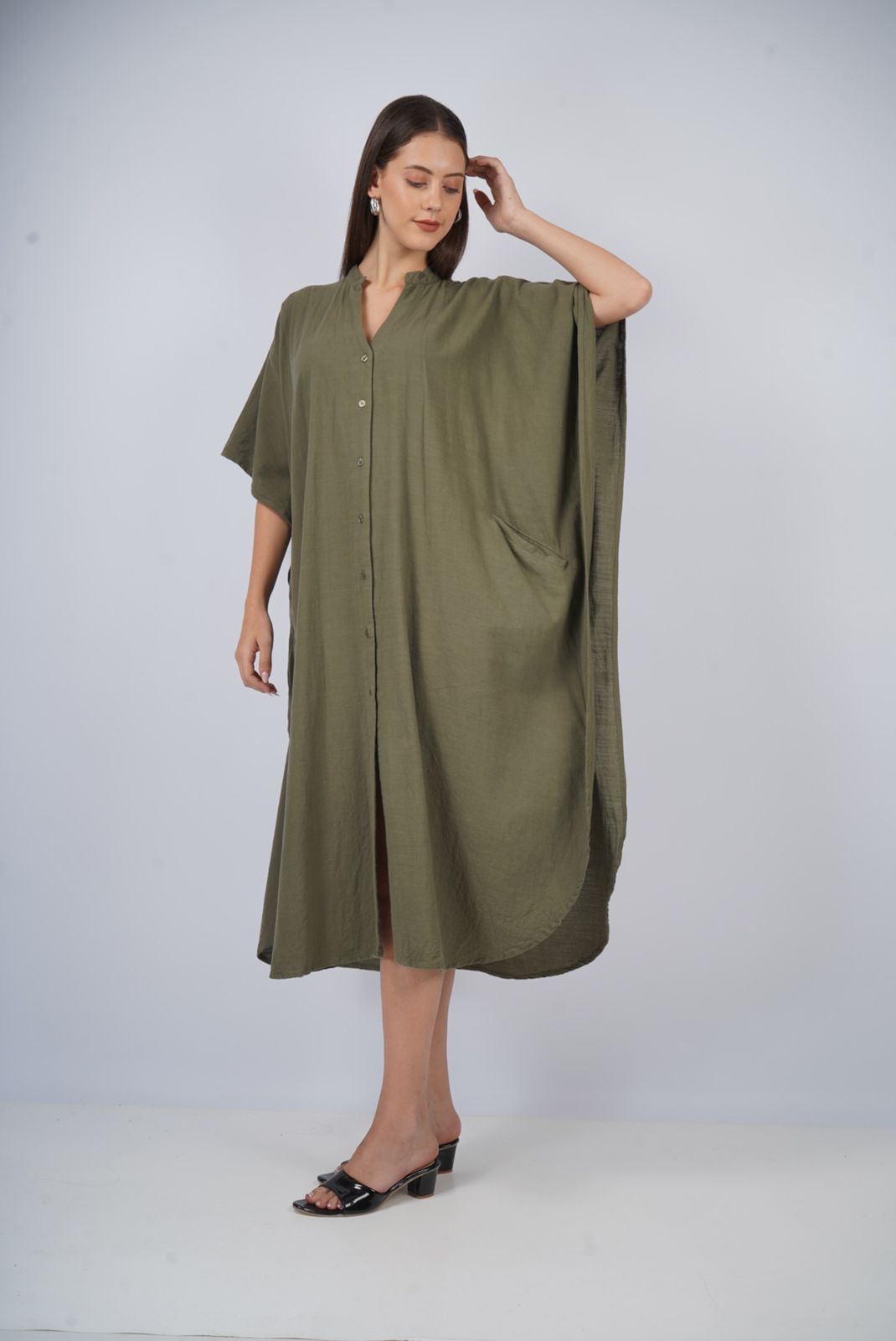 Olive Oasis | Olive Shirt Dress With Pockets | One Size Fits AU 10 - 24