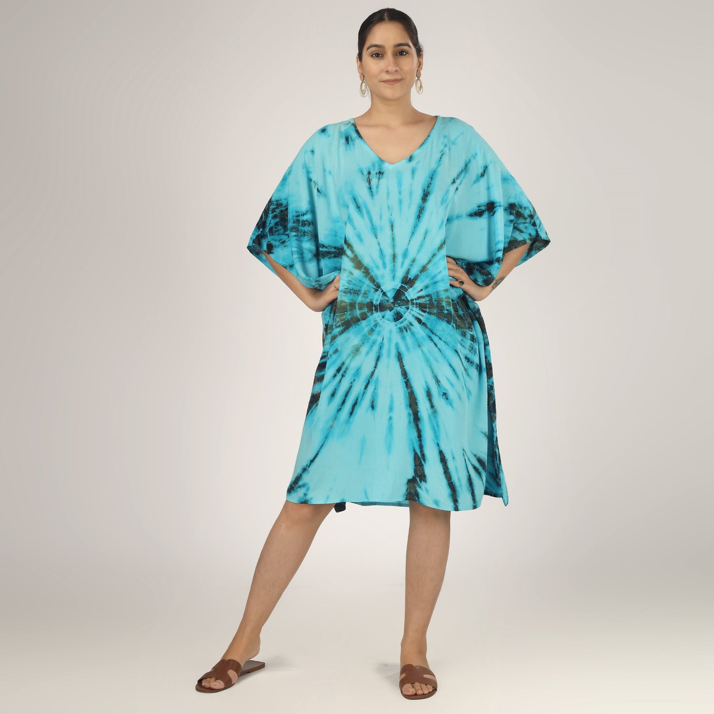 Earthen Threads Beach Summer Shibori Tie Dye Short Kaftan Kimono-Tie-Dye-Short-P (Blue)