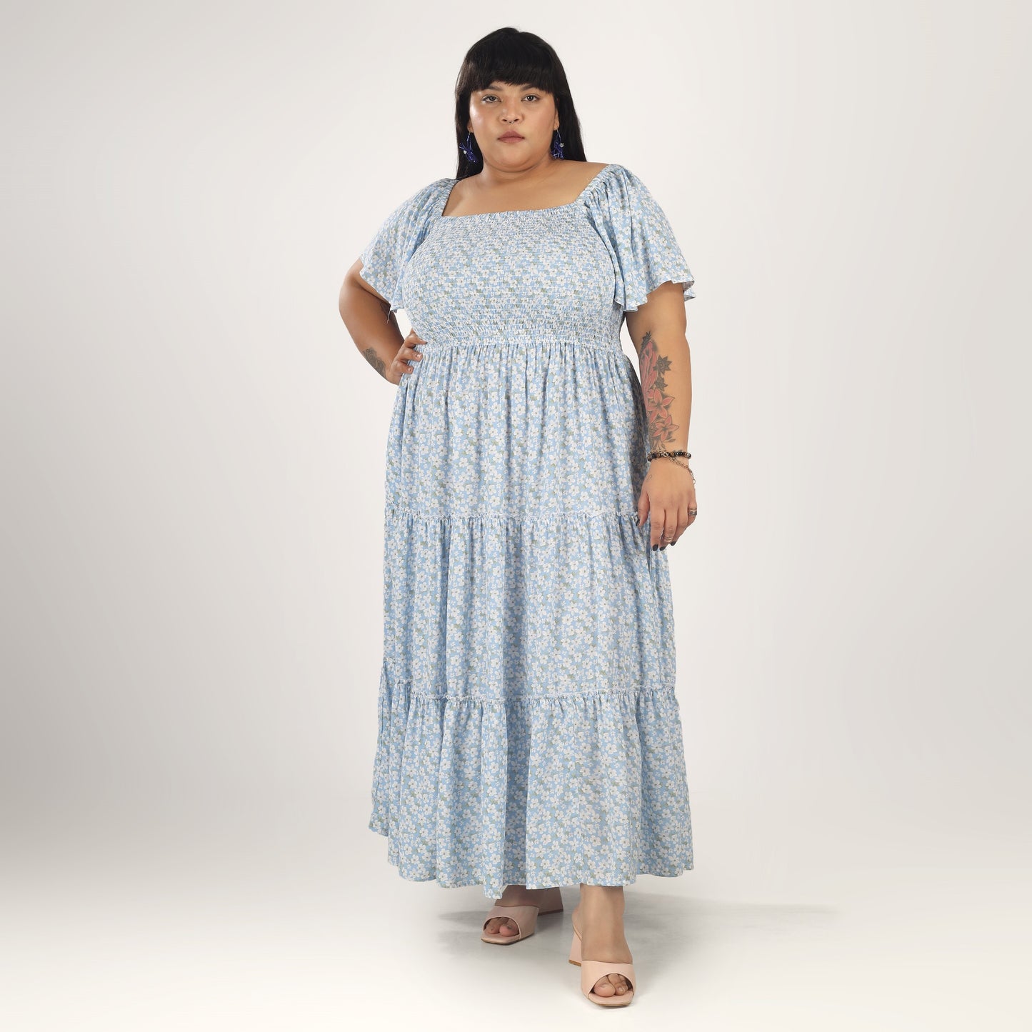 Women's Plus Size Kaftan Dress with Smocking (Sky Blue)