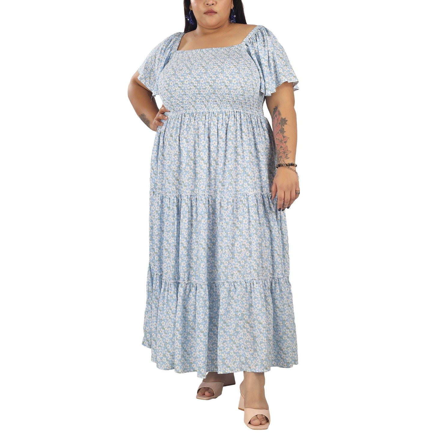 Women's Plus Size Kaftan Dress with Smocking (Sky Blue)