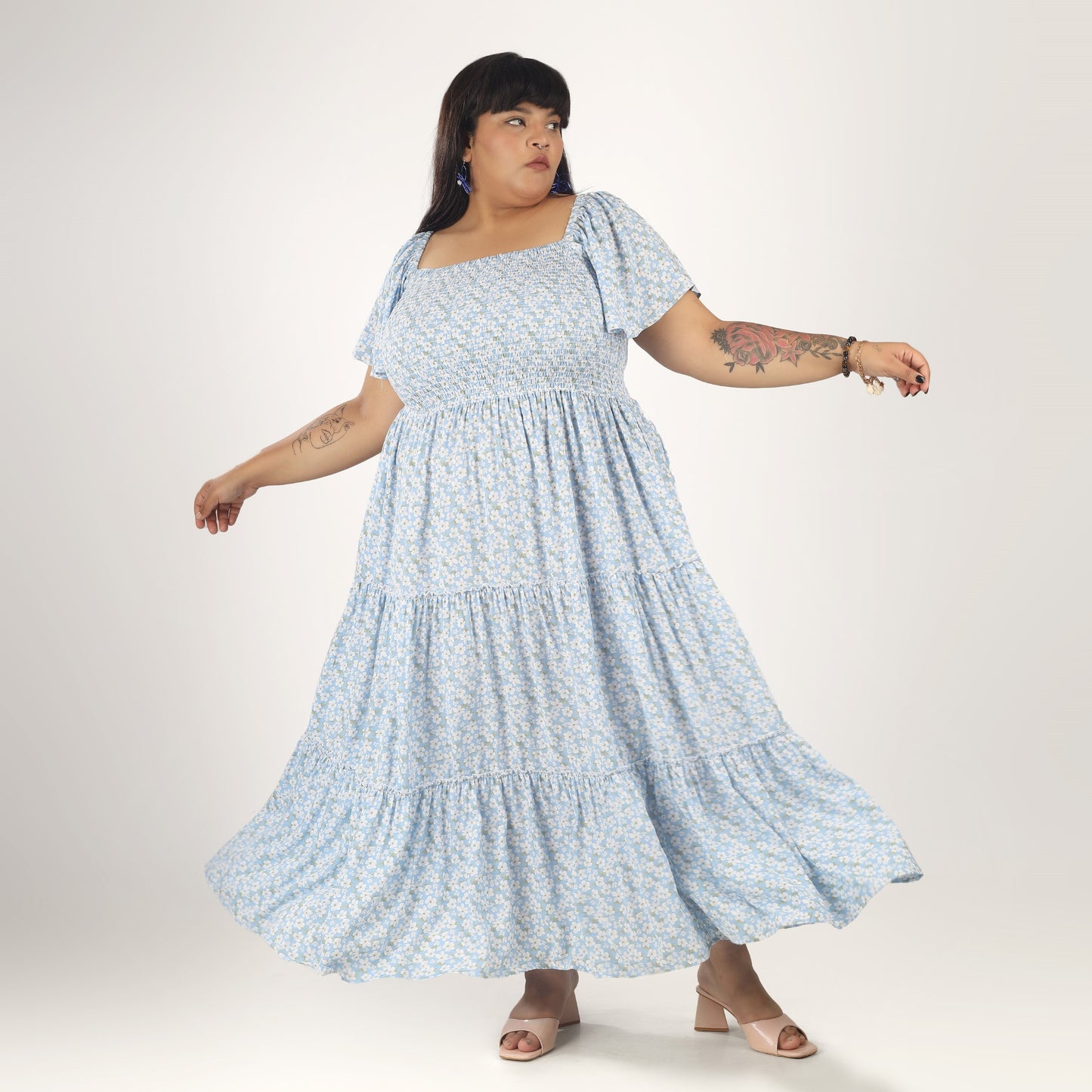 Women's Plus Size Kaftan Dress with Smocking (Sky Blue)