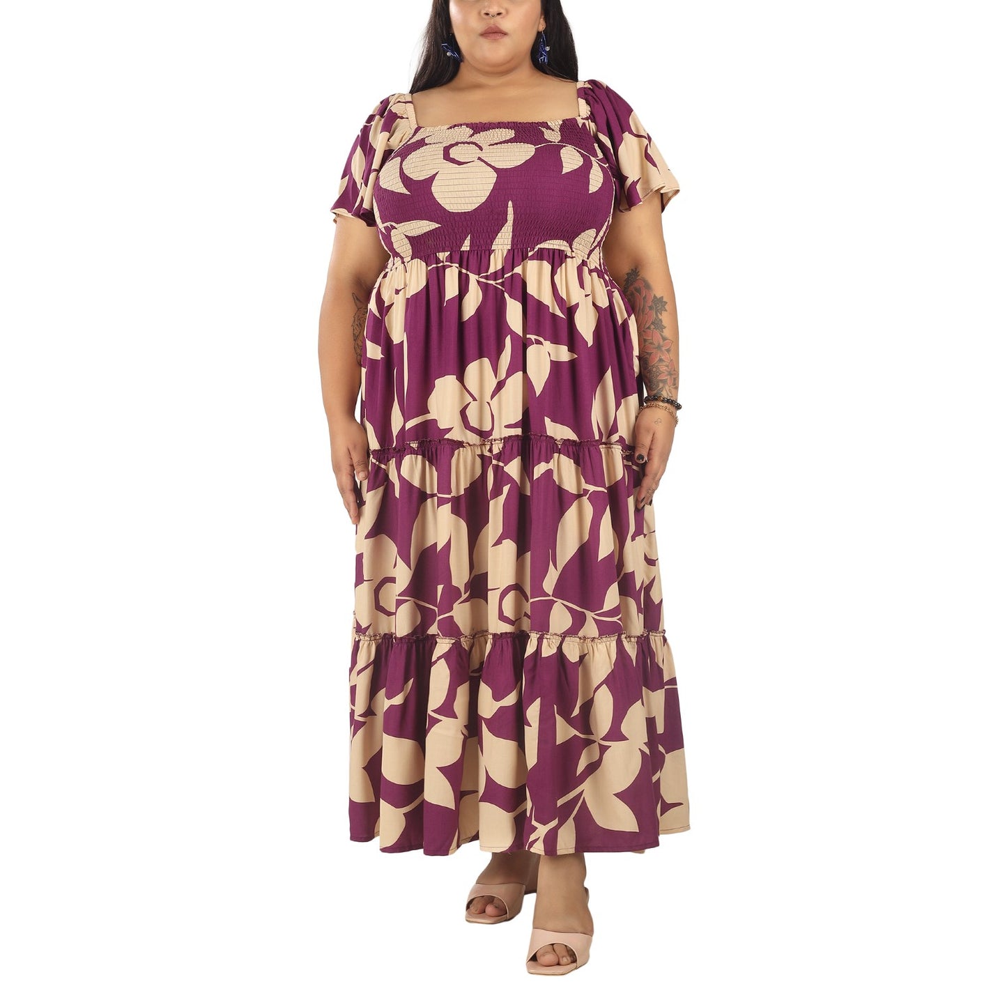Women's Plus Size Kaftan Dress with Smocking (Purple Floral)