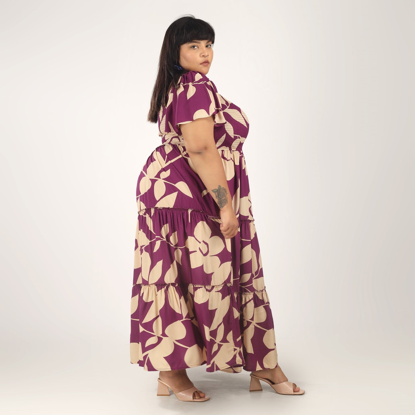 Women's Plus Size Kaftan Dress with Smocking (Purple Floral)