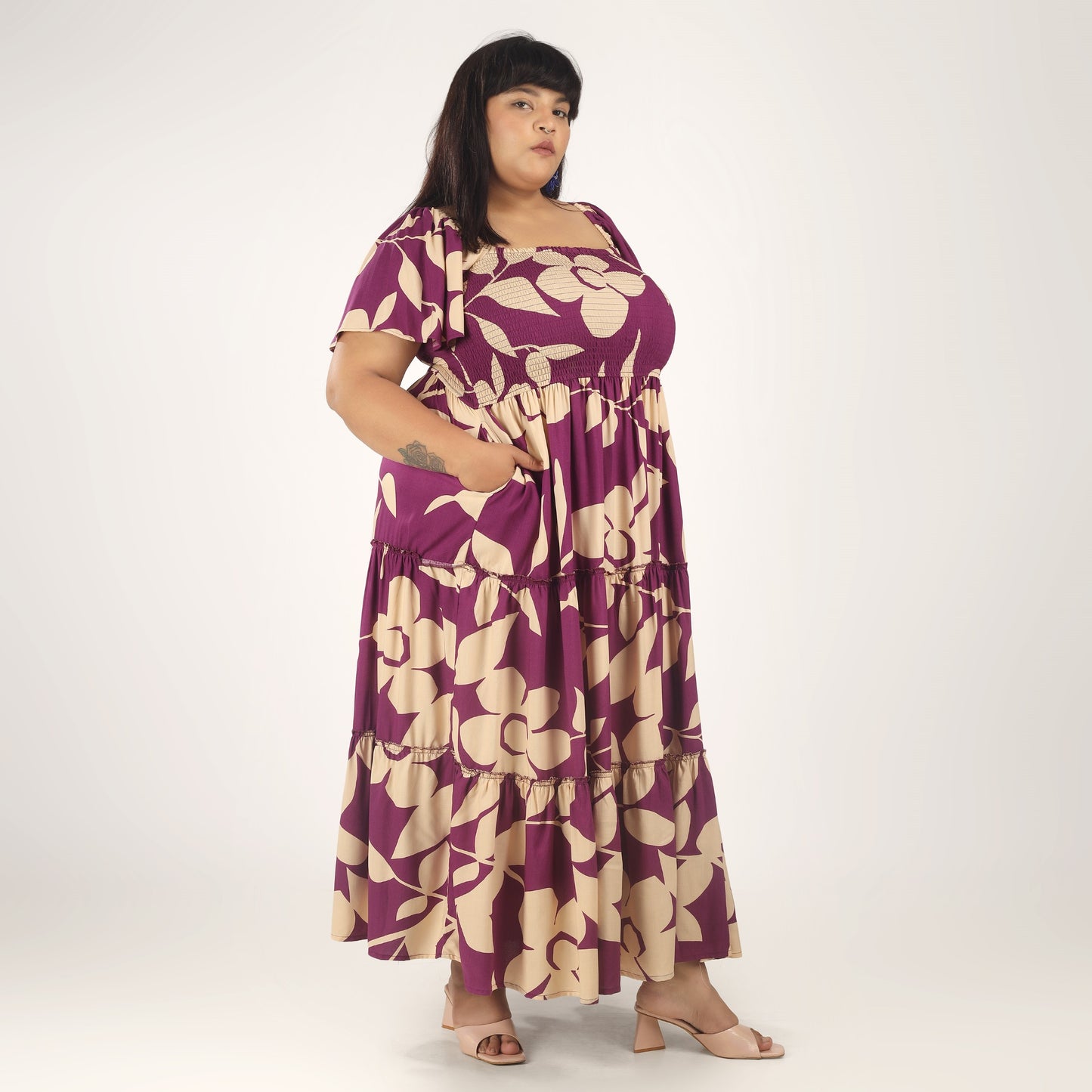 Women's Plus Size Kaftan Dress with Smocking (Purple Floral)
