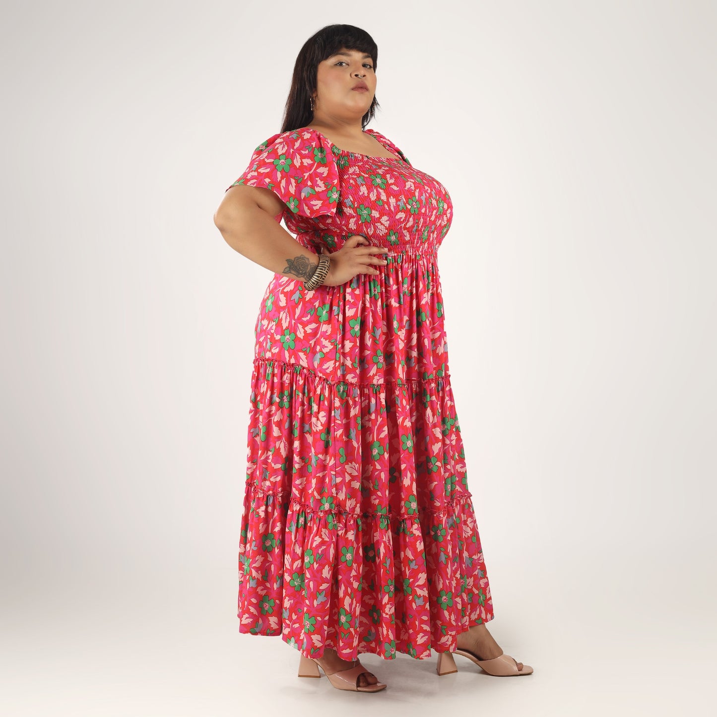 Women's Plus Size Kaftan Dress with Smocking (Pink Floral)