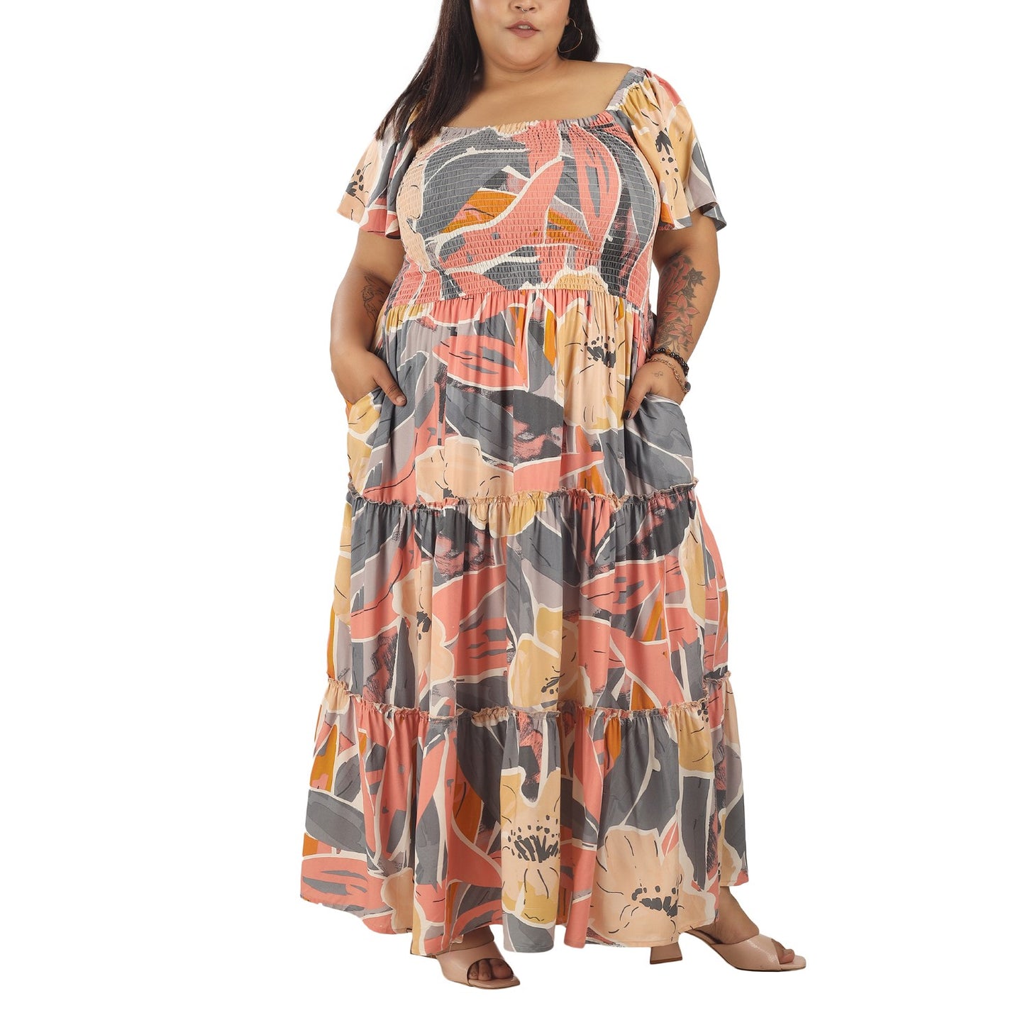 Women's Plus Size Kaftan Dress with Smocking (Floral)