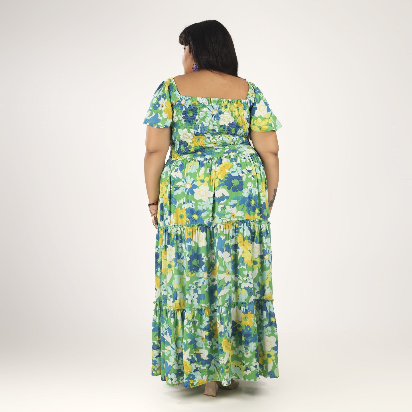 Women's Plus Size Kaftan Dress with Smocking (Big Floral)