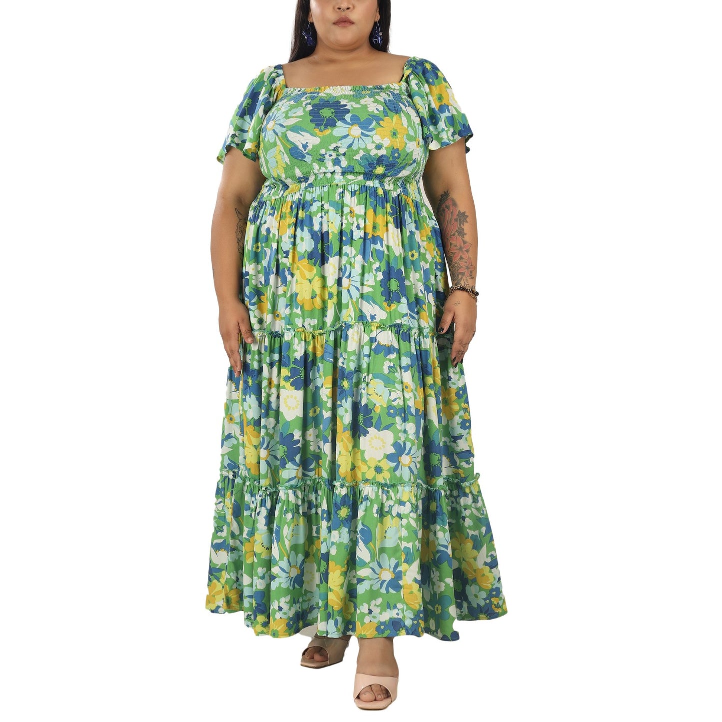 Women's Plus Size Kaftan Dress with Smocking (Big Floral)