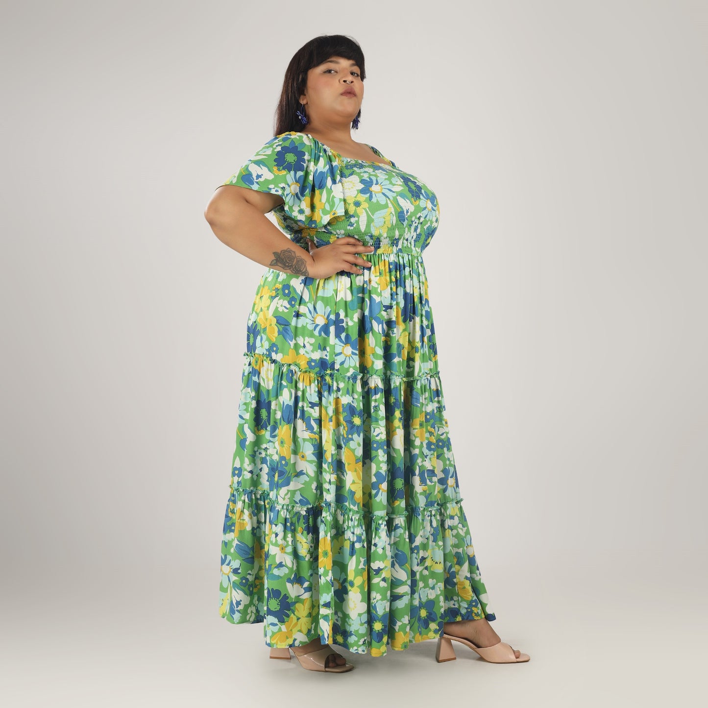 Women's Plus Size Kaftan Dress with Smocking (Big Floral)