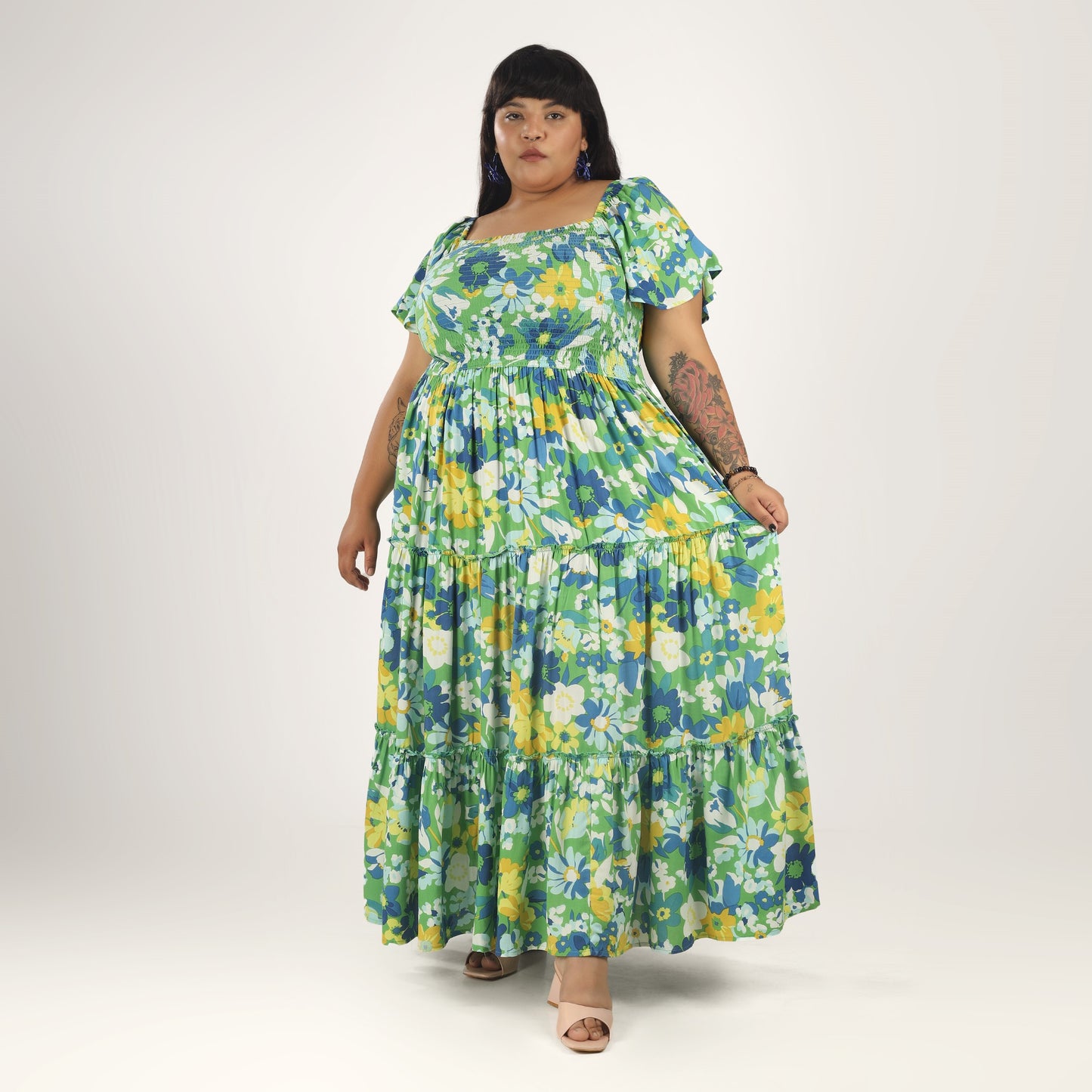Women's Plus Size Kaftan Dress with Smocking (Big Floral)