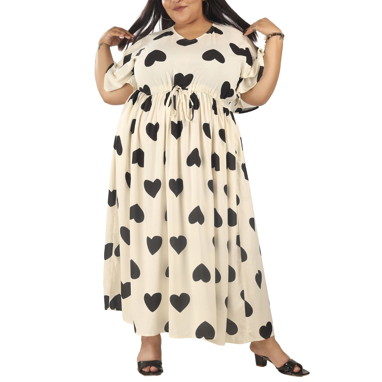 Women's Plus Size Frill Sleeves Dress with Drawstring - Free Size