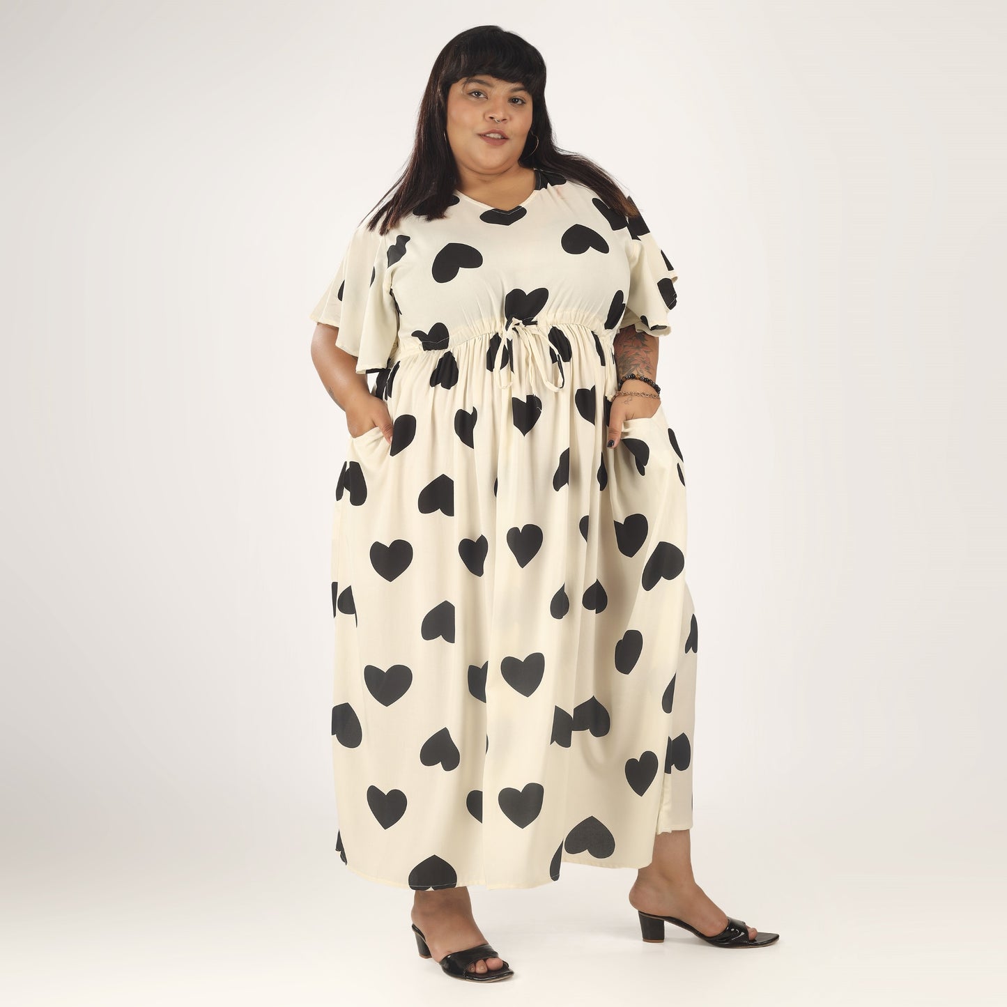 Women's Plus Size Frill Sleeves Dress with Drawstring - Free Size
