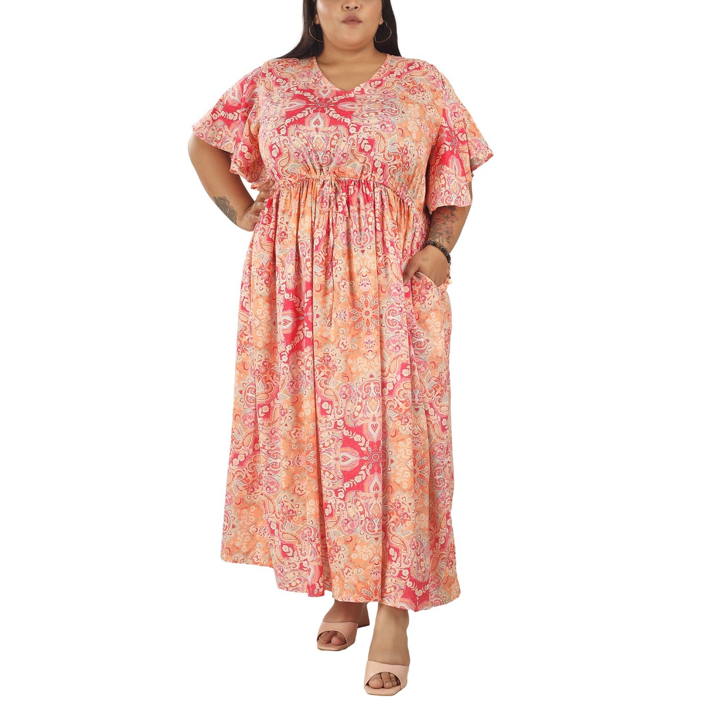 Pink Paisley Frill Sleeve Dress