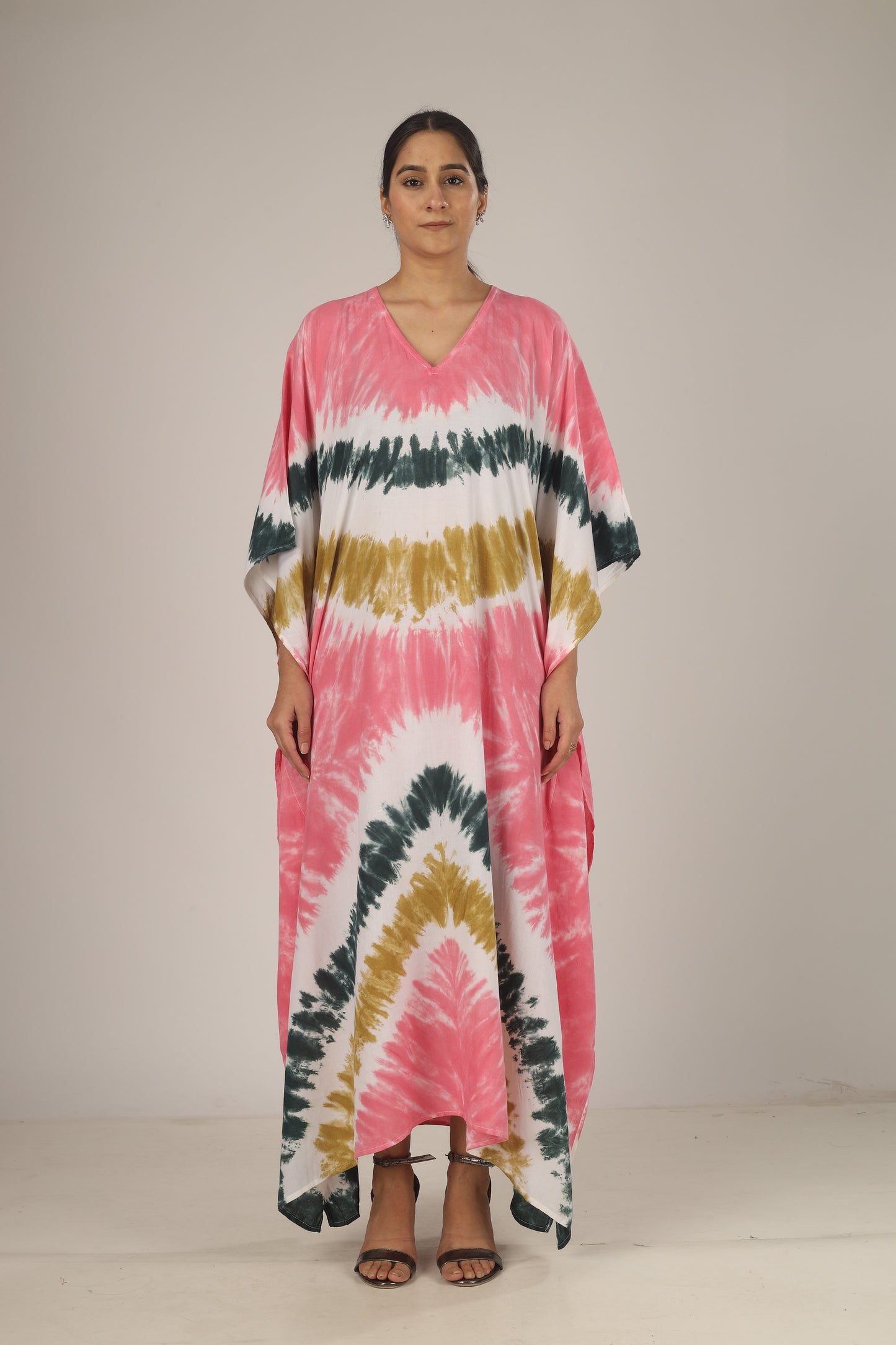 Earthen Threads Beach Summer Shibori Tie Dye Kaftan Kimono Green White