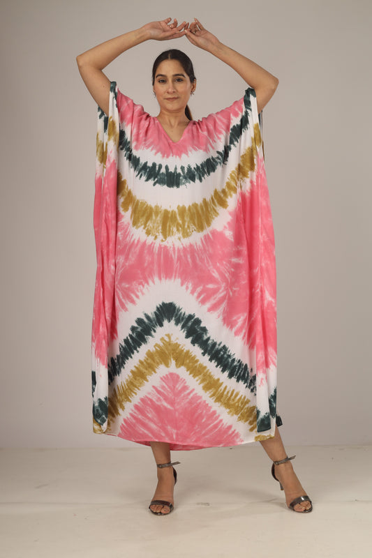 Earthen Threads Beach Summer Shibori Tie Dye Kaftan Kimono Green White