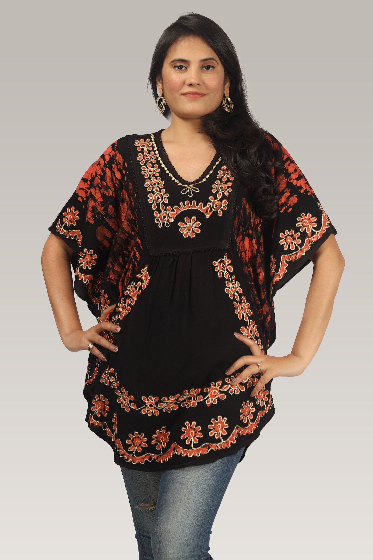 Orange Batik Embroidered Poncho Top | Free Size