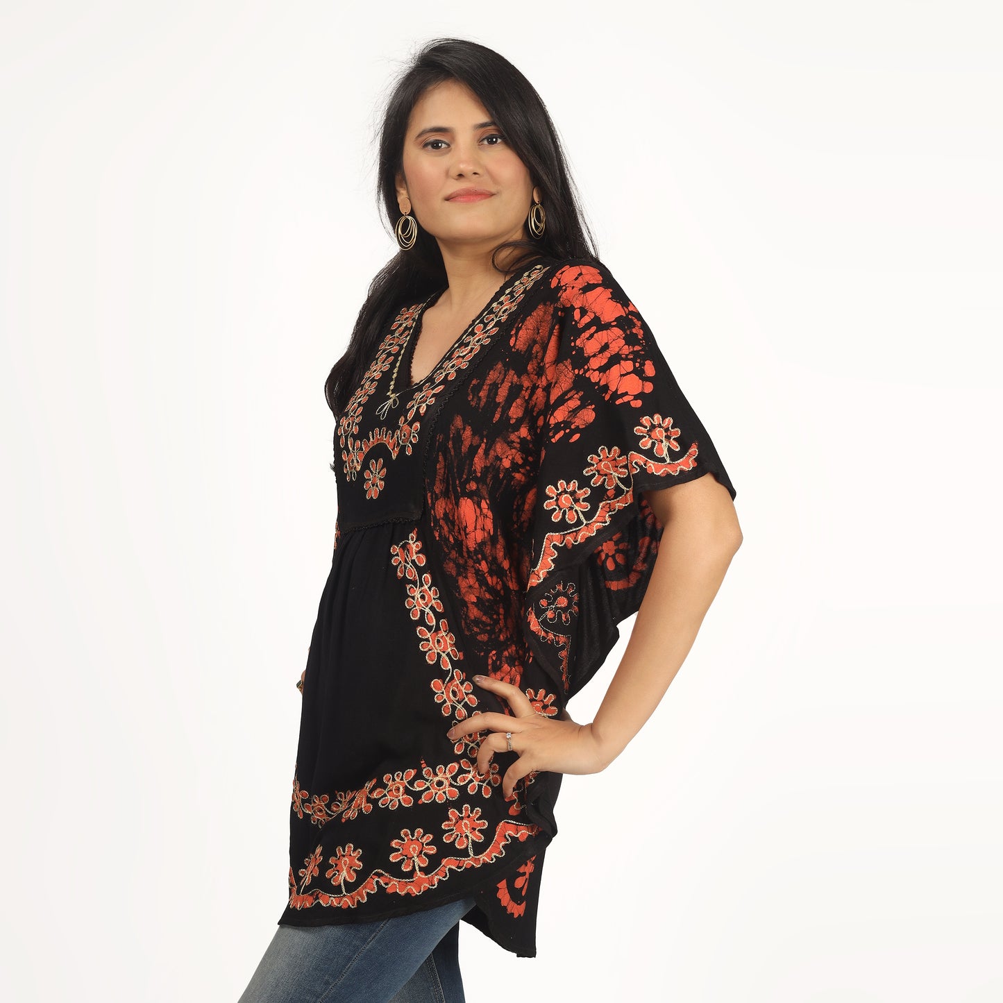 Orange Batik Embroidered Poncho Top | Free Size