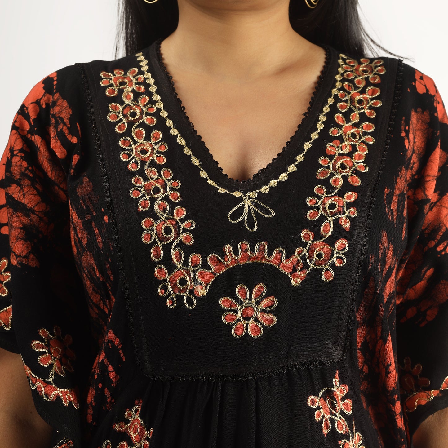 Orange Batik Embroidered Poncho Top | Free Size