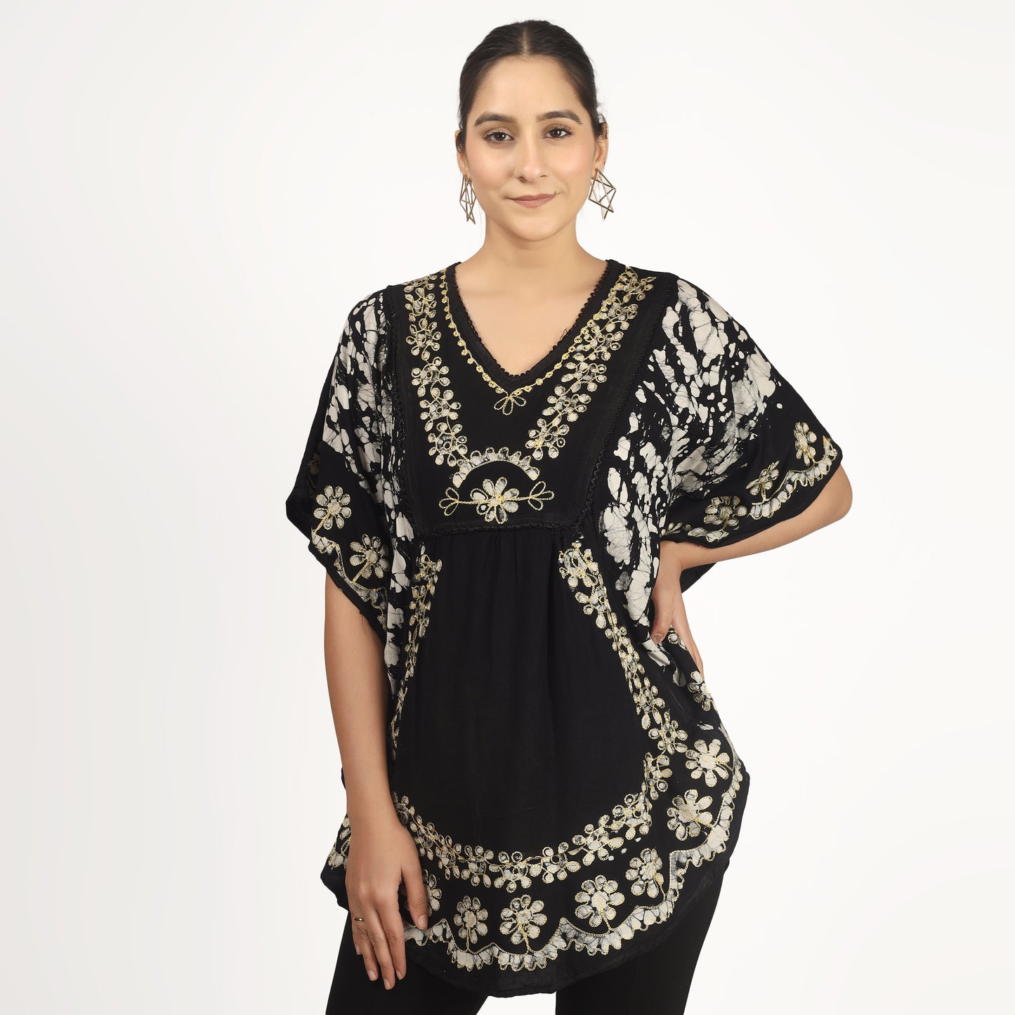 White Batik Embroidered Poncho Top | Free Size