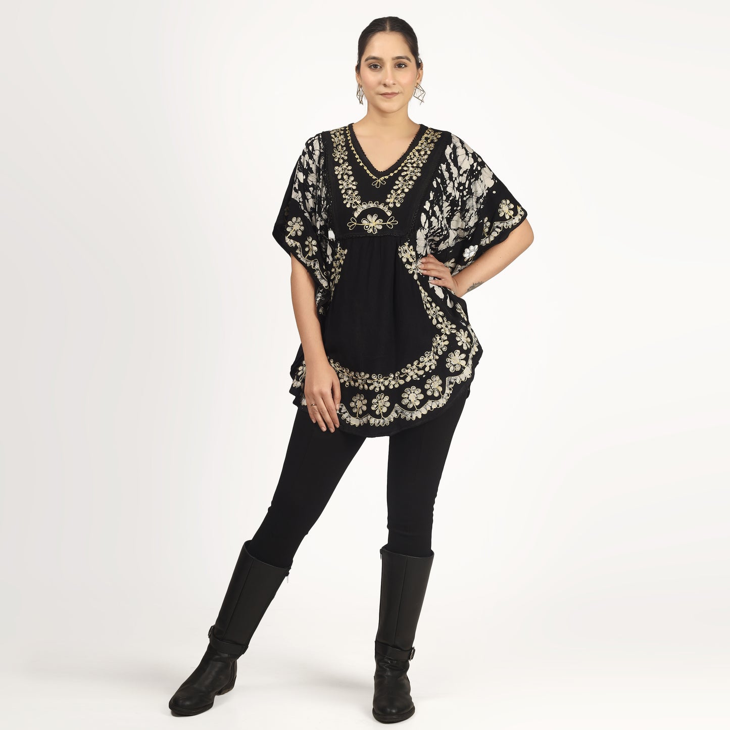 White Batik Embroidered Poncho Top | Free Size