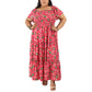 Women's Plus Size Kaftan Dress with Smocking (Pink Floral)