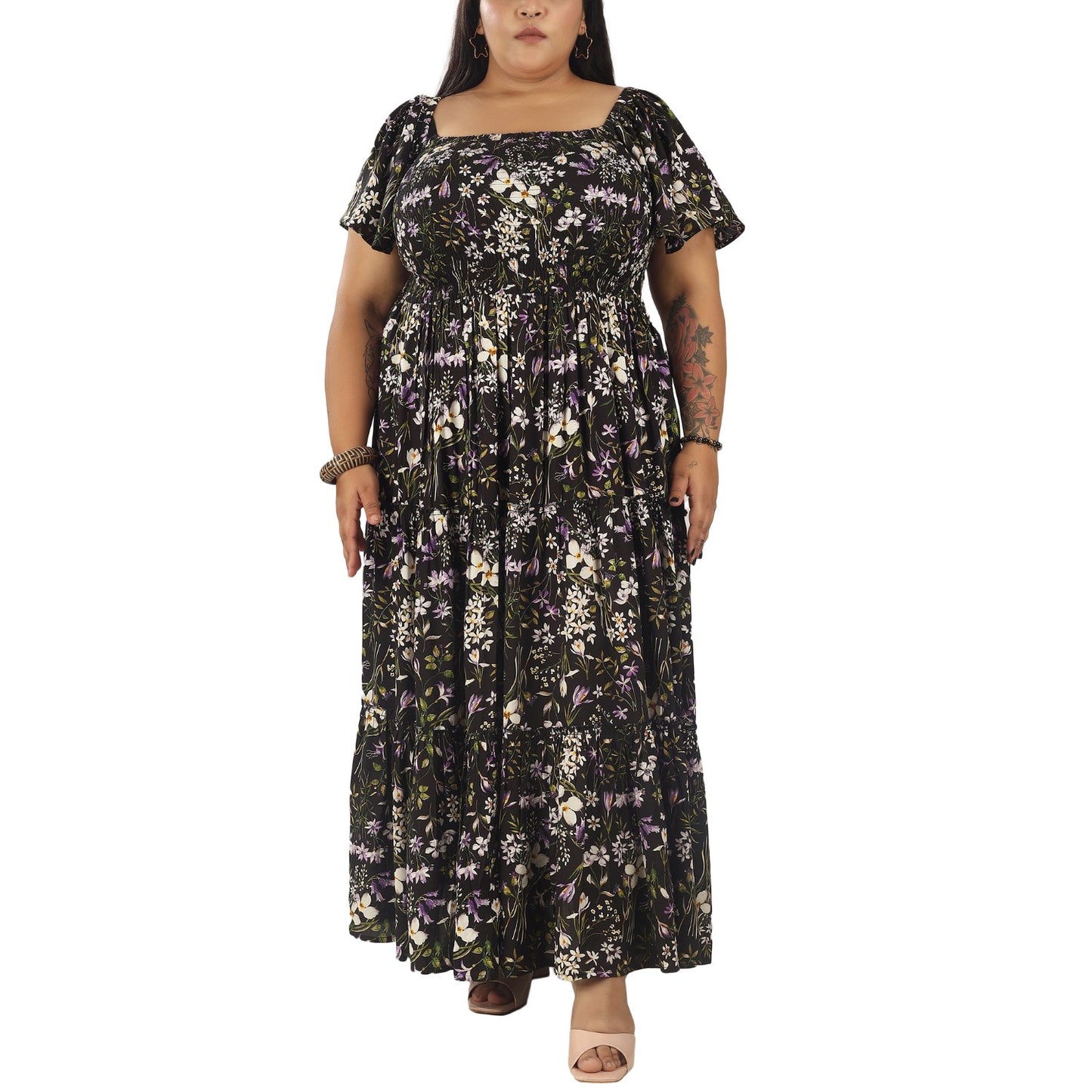 Women's Plus Size Kaftan Dress with Smocking (Black Olive)
