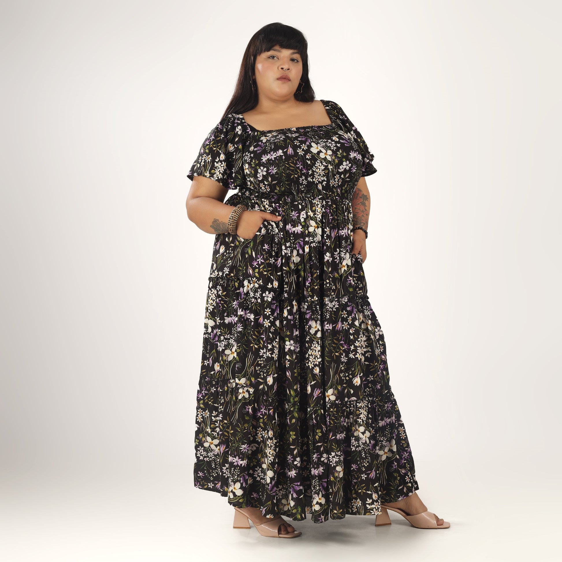 Women's Plus Size Kaftan Dress with Smocking (Black Olive)