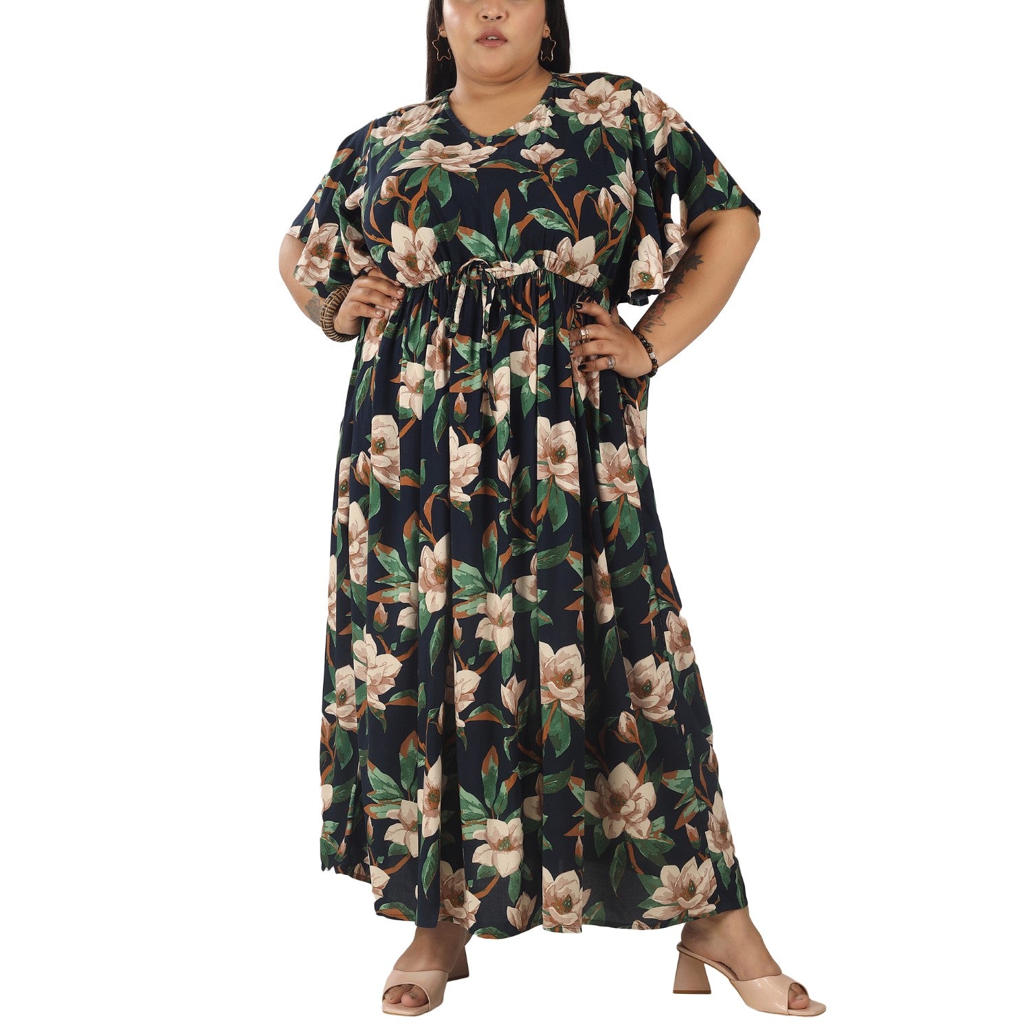 Lotus Print Frill Sleeve Dress