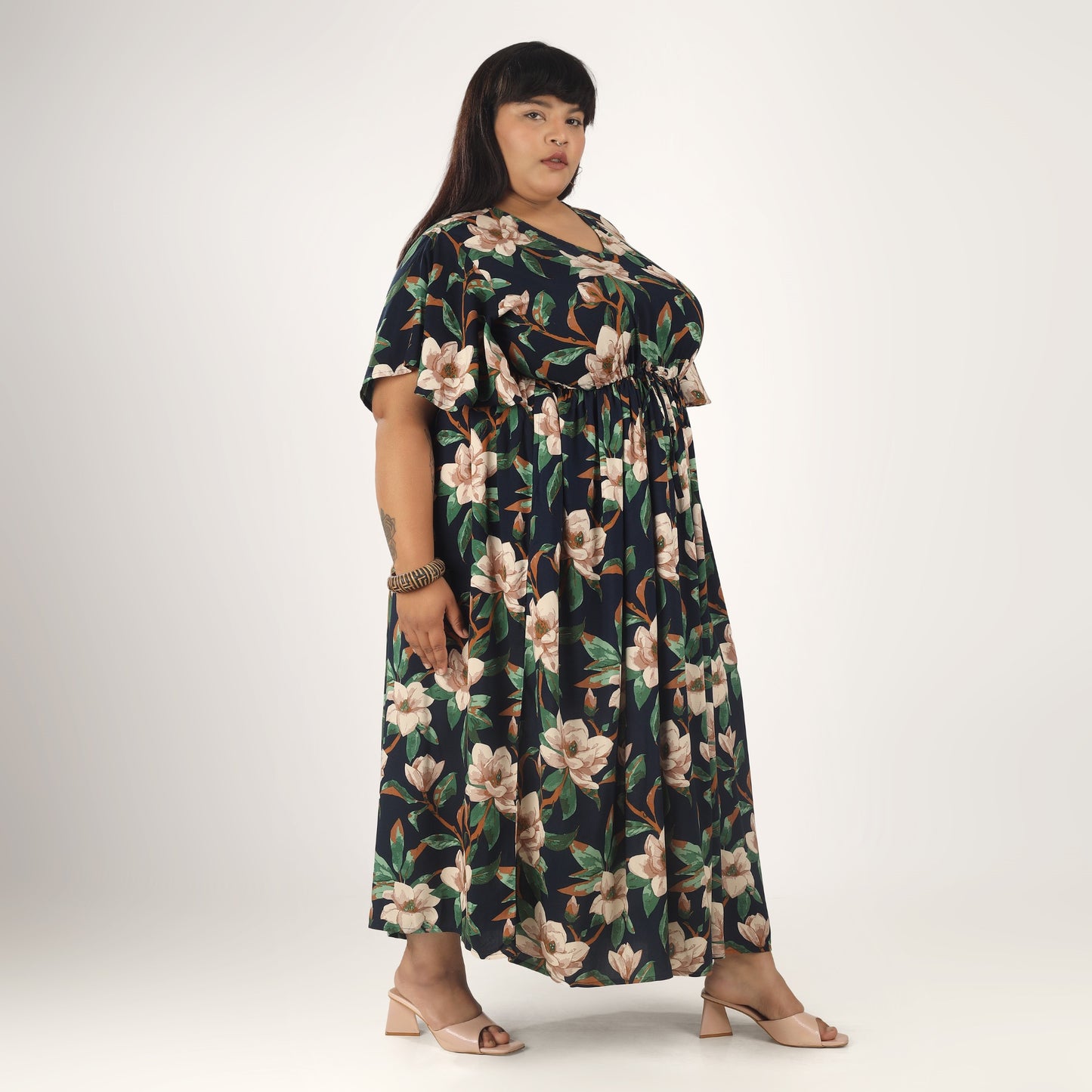 Lotus Print Frill Sleeve Dress