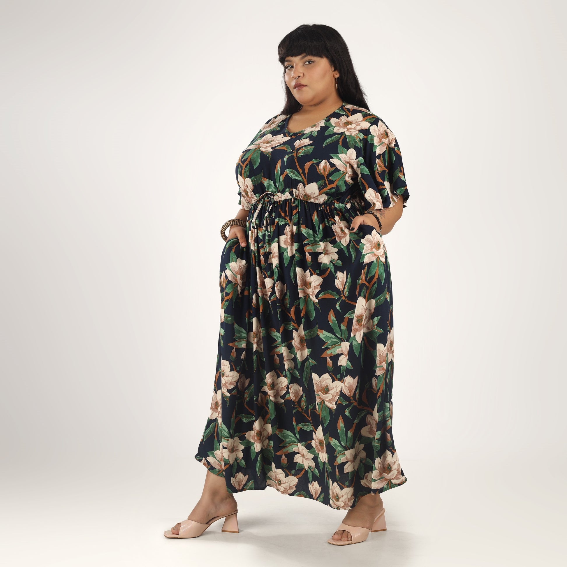 Lotus Print Frill Sleeve Dress