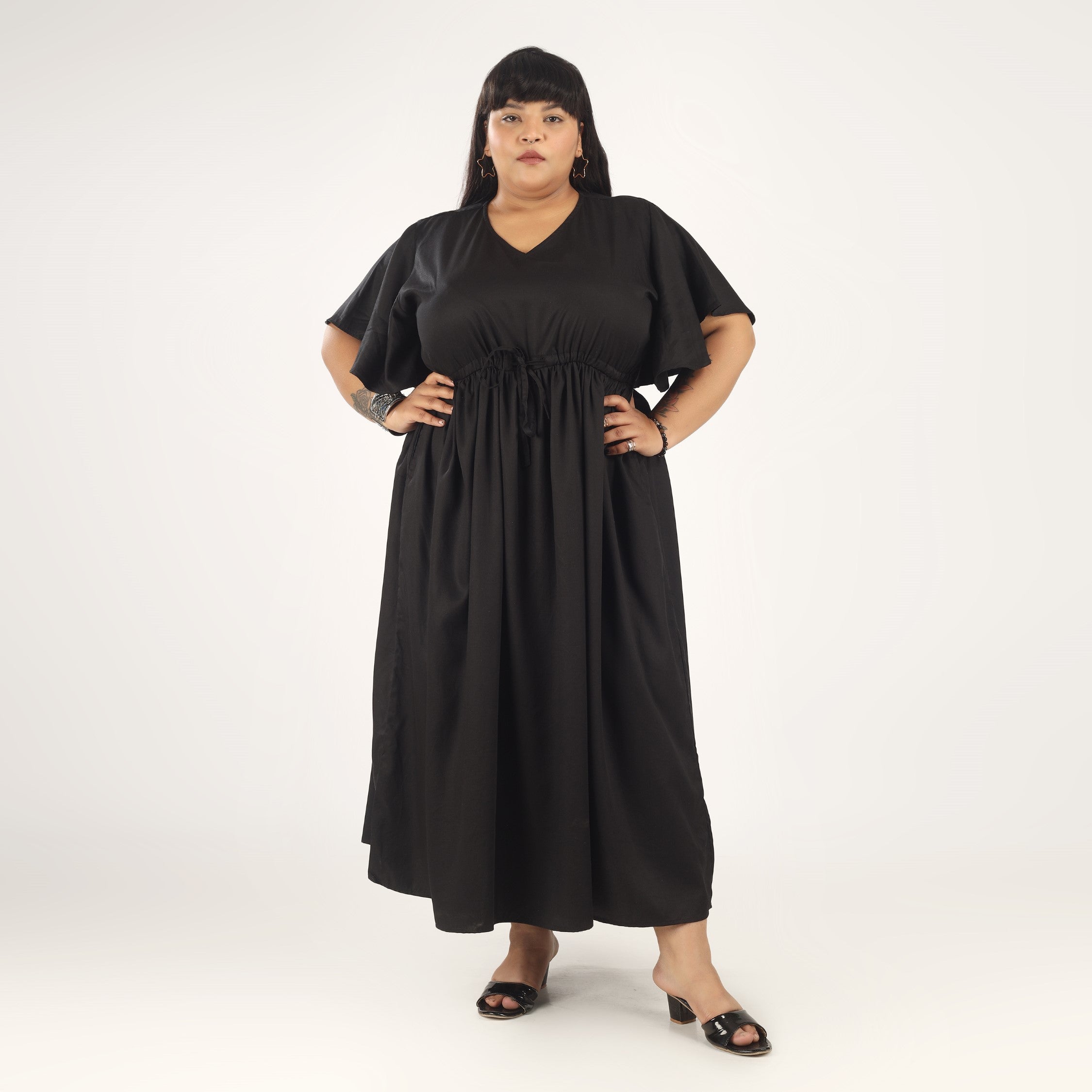 Ebony Elegance | Black Frill Sleeve Dress With Pockets – Earthen Threads